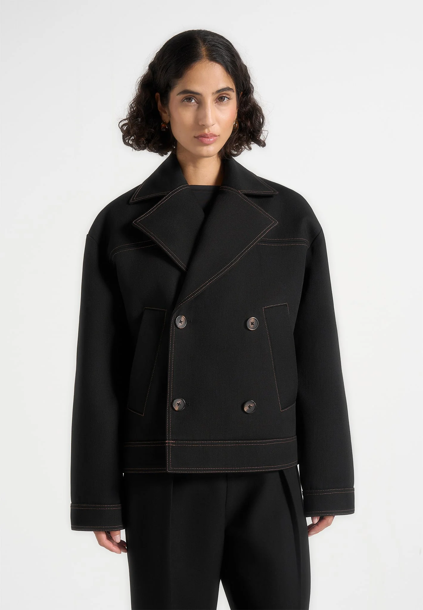 Mika - Unisex Tailored Double Breasted Jacket With Contrast Stitch - Black