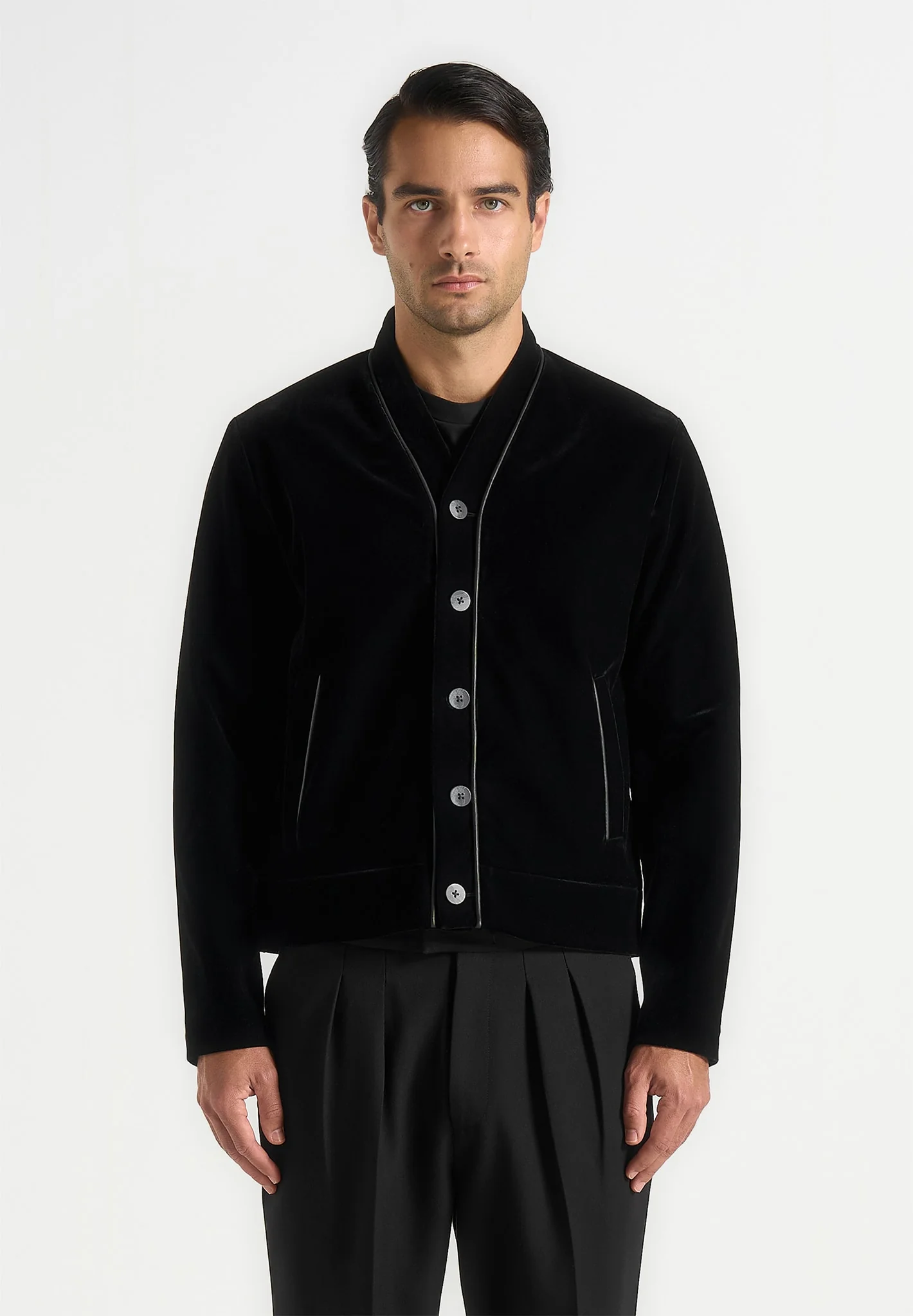 Nassim - Velvet Jacket With Contrast Piping - Black