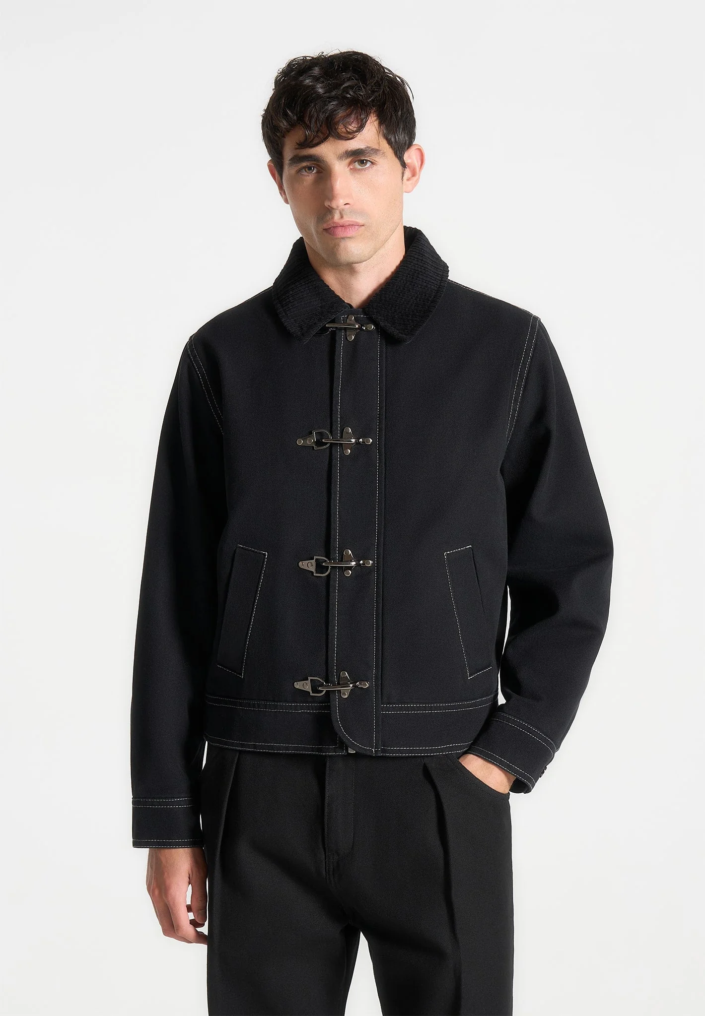 Nino - Clasp Detail Contrast Stitch Gabardine Jacket - Black - Image 4