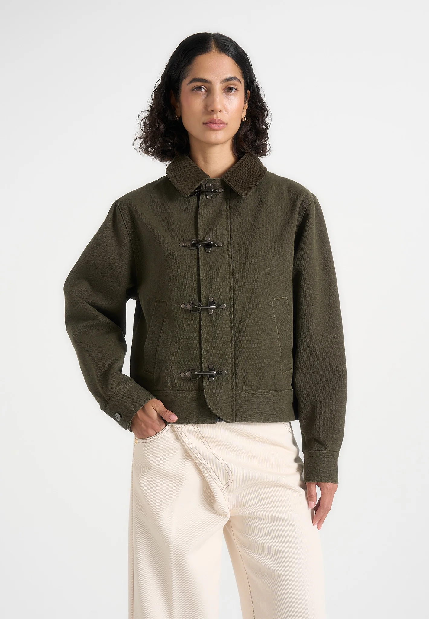 Nino - Clasp Detail Contrast Stitch Gabardine Jacket - Olive - Image 2