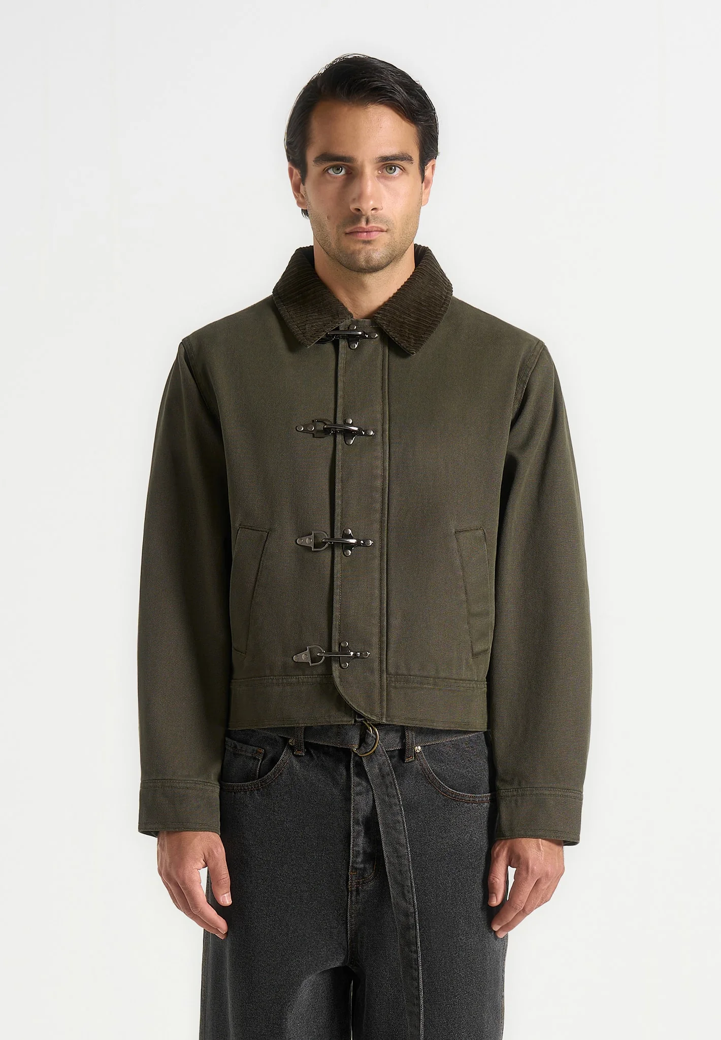 Nino - Clasp Detail Contrast Stitch Gabardine Jacket - Olive - Image 3