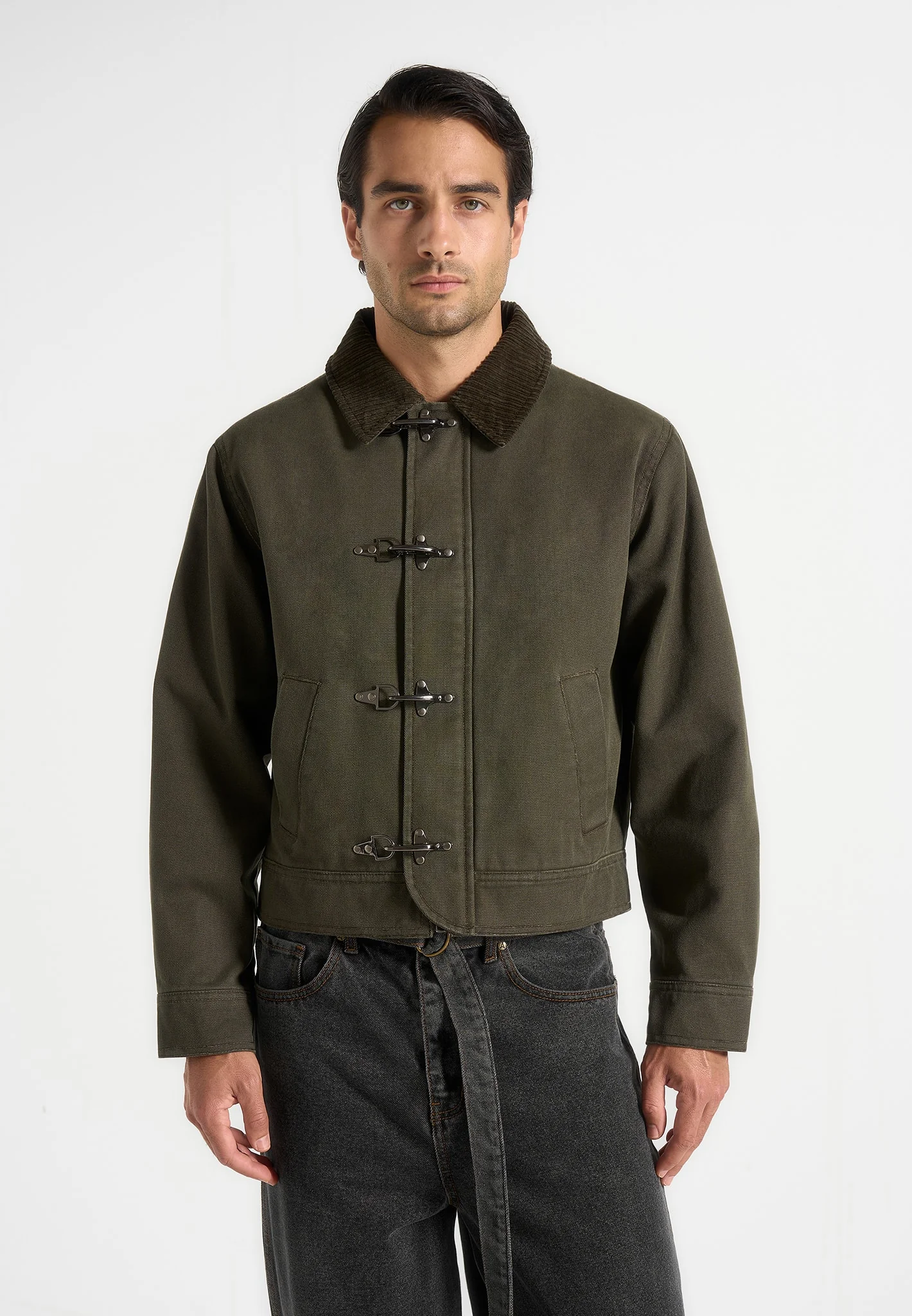 Nino - Clasp Detail Contrast Stitch Gabardine Jacket - Olive - Image 9