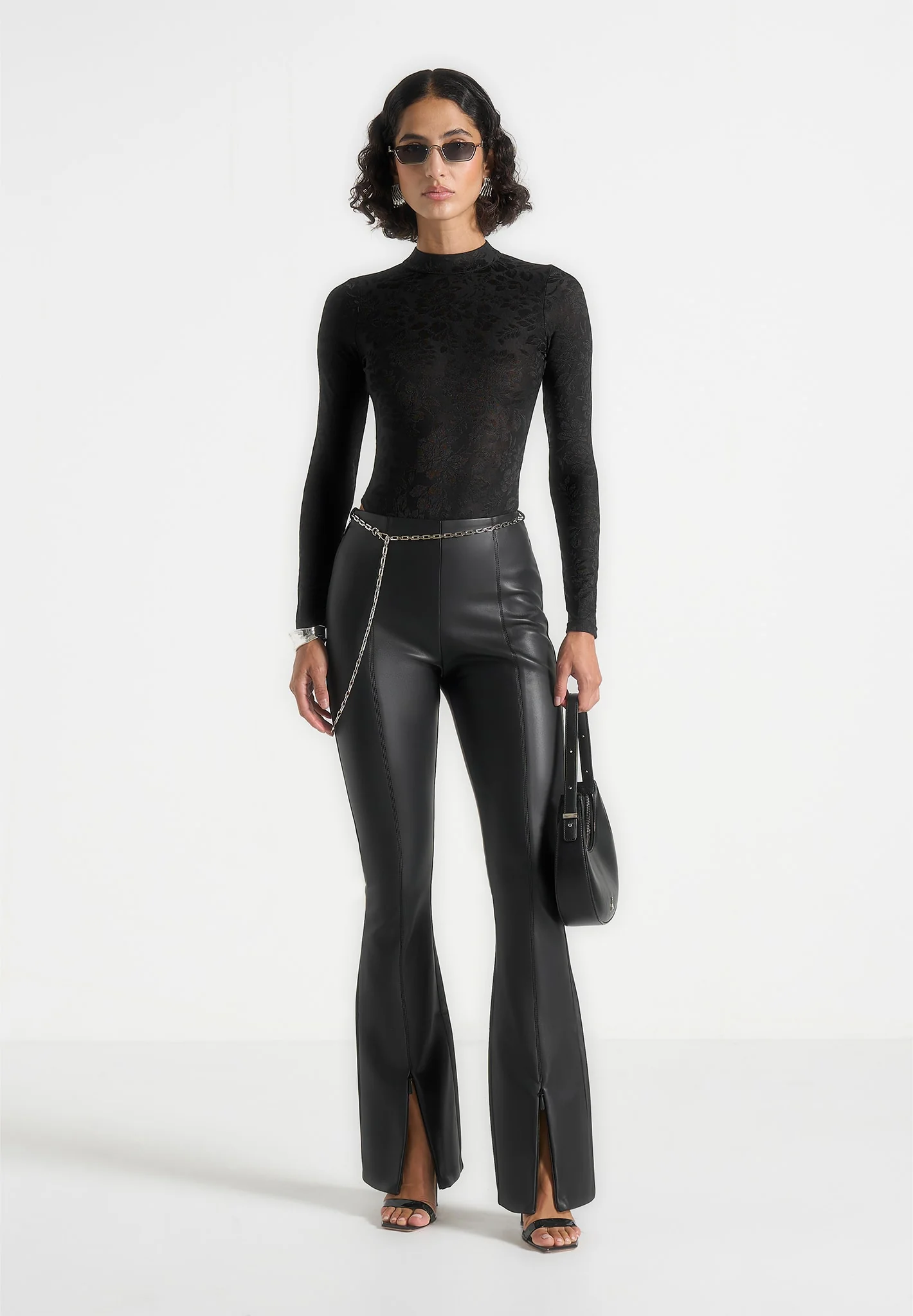 Ninon - Leather Fit And Flare Trousers With Chain - Black