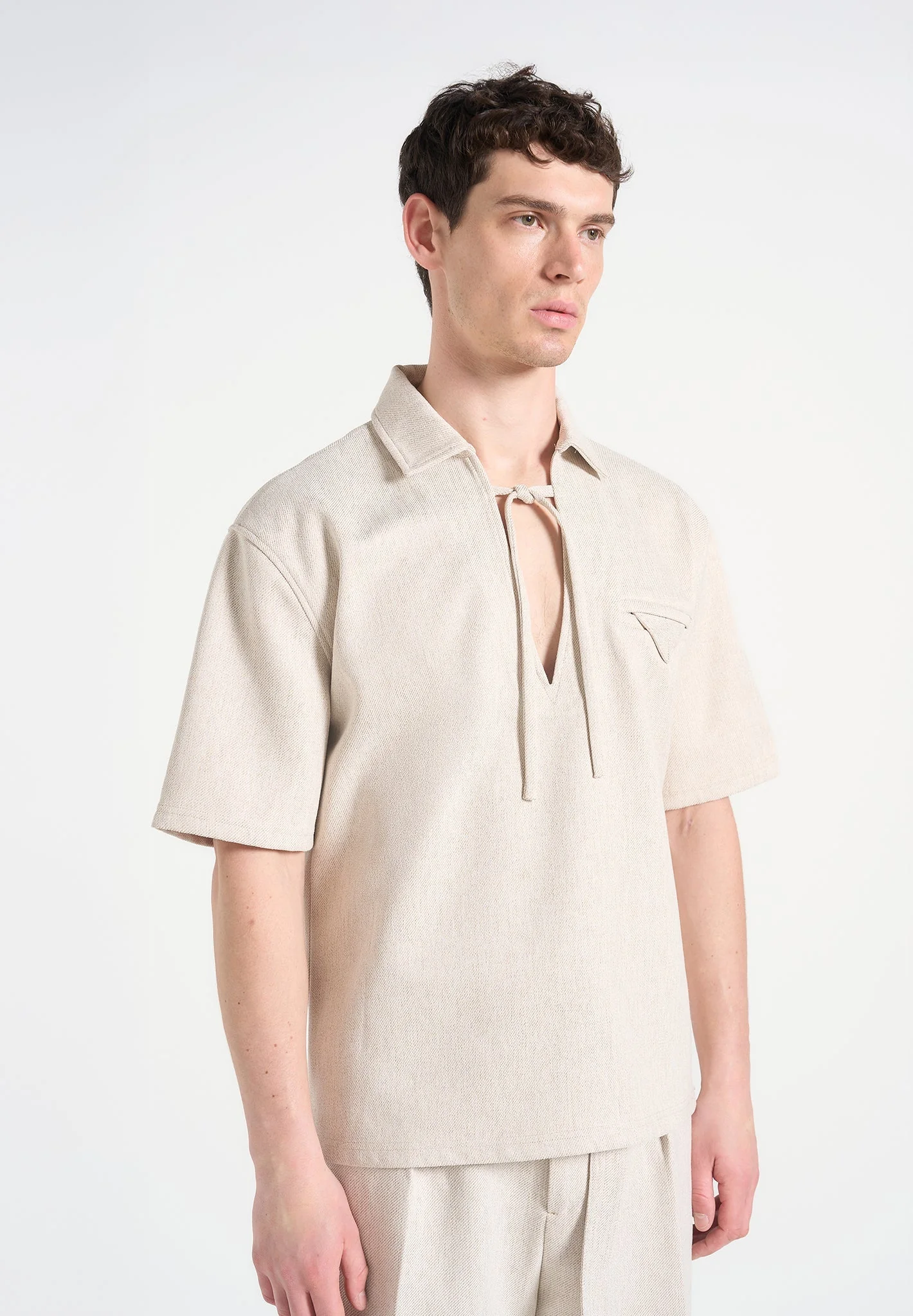 Norbert - Open Collar Textured Drawstring Shirt - Cream - Image 2