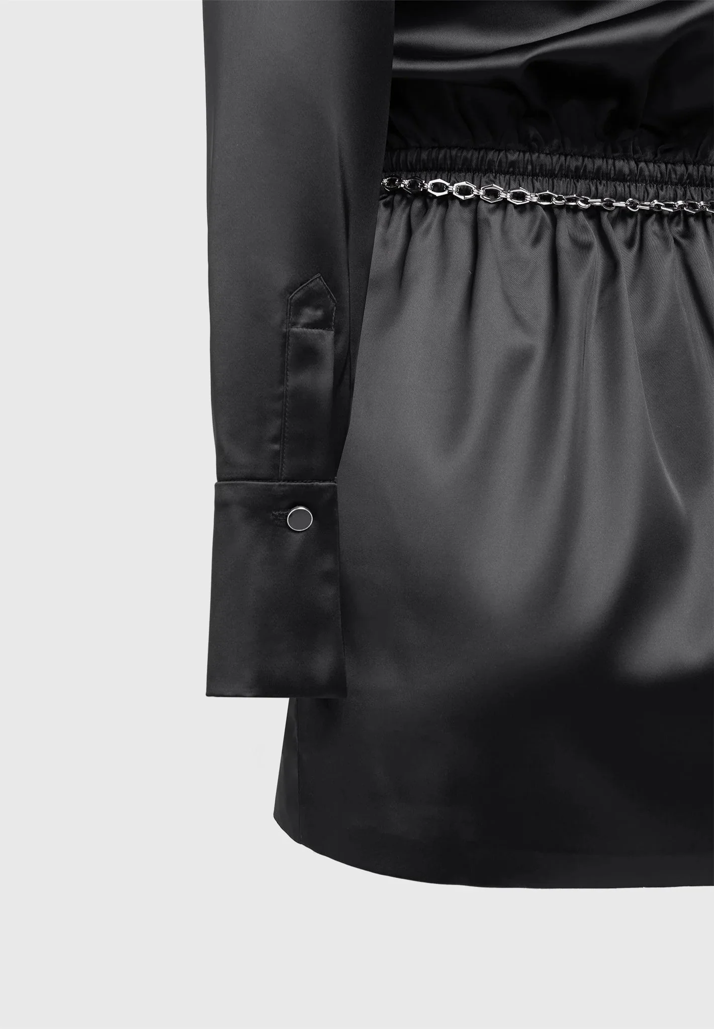 Off Shoulder Draped Satin Mini Dress with Belt - Black - Image 7