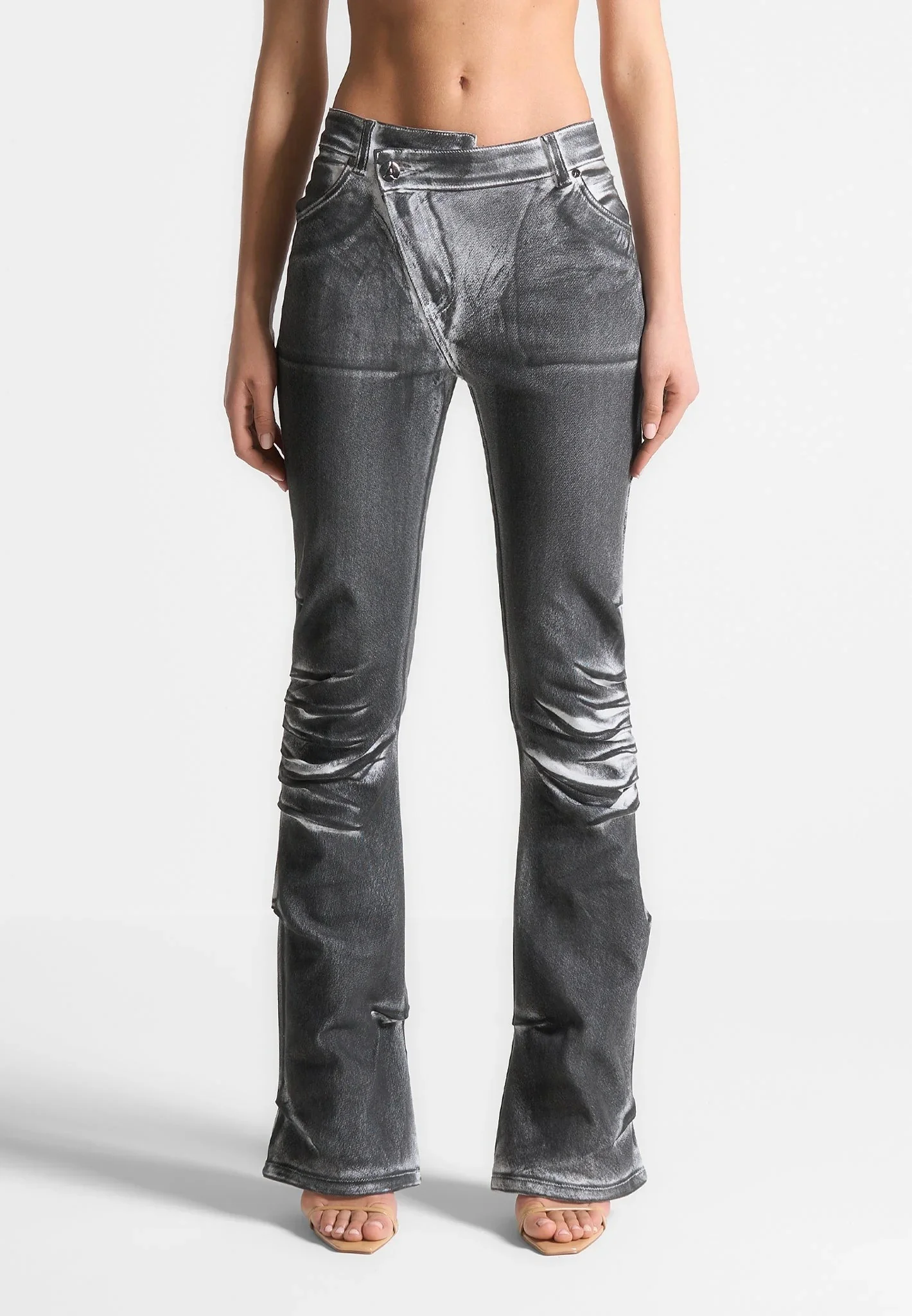 Oil Print Tacked Fit and Flare Jeans - White/Grey - Image 3