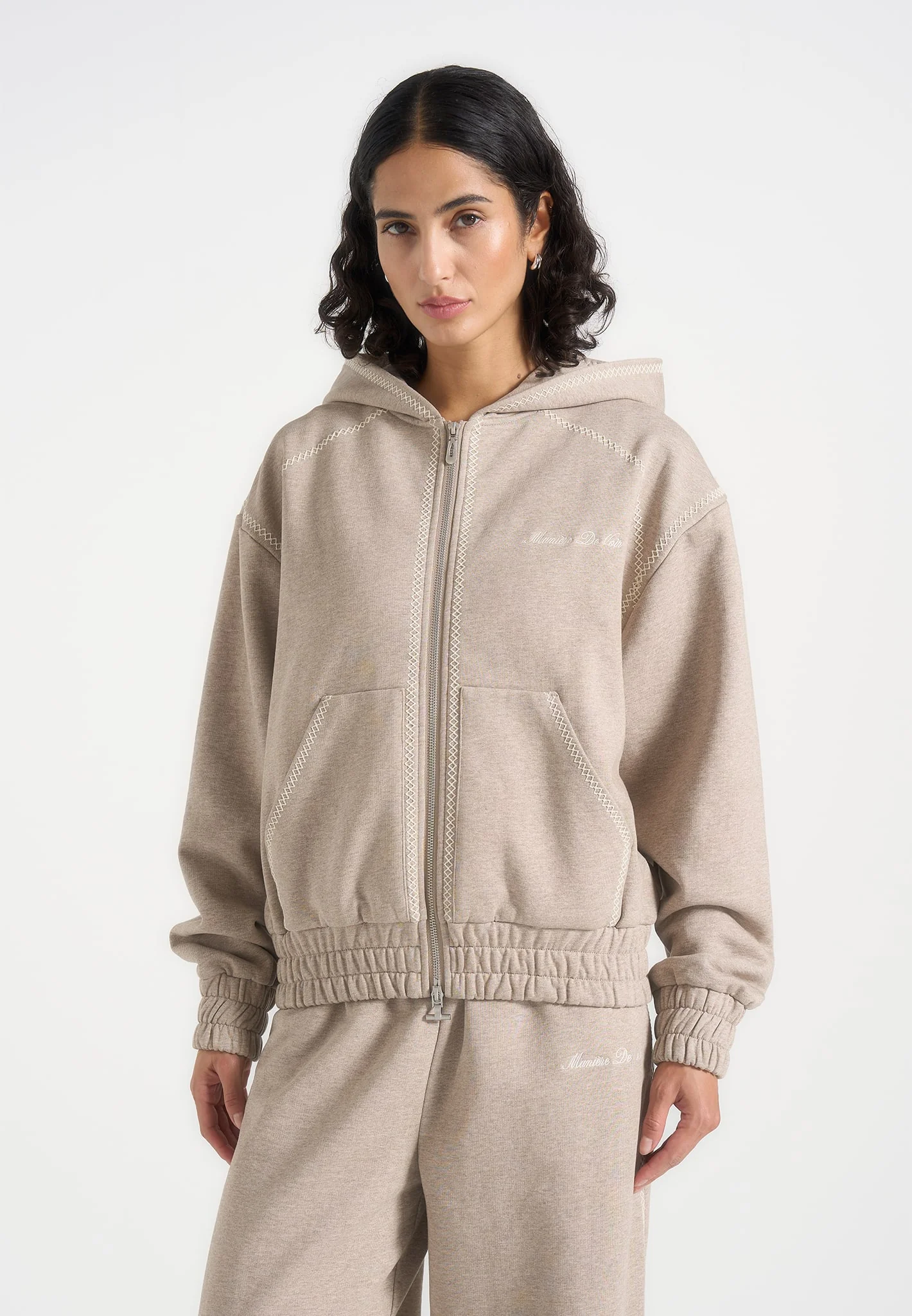 Ollie - Unisex Whipstitch Raglan Effect Zip Hoodie - Taupe