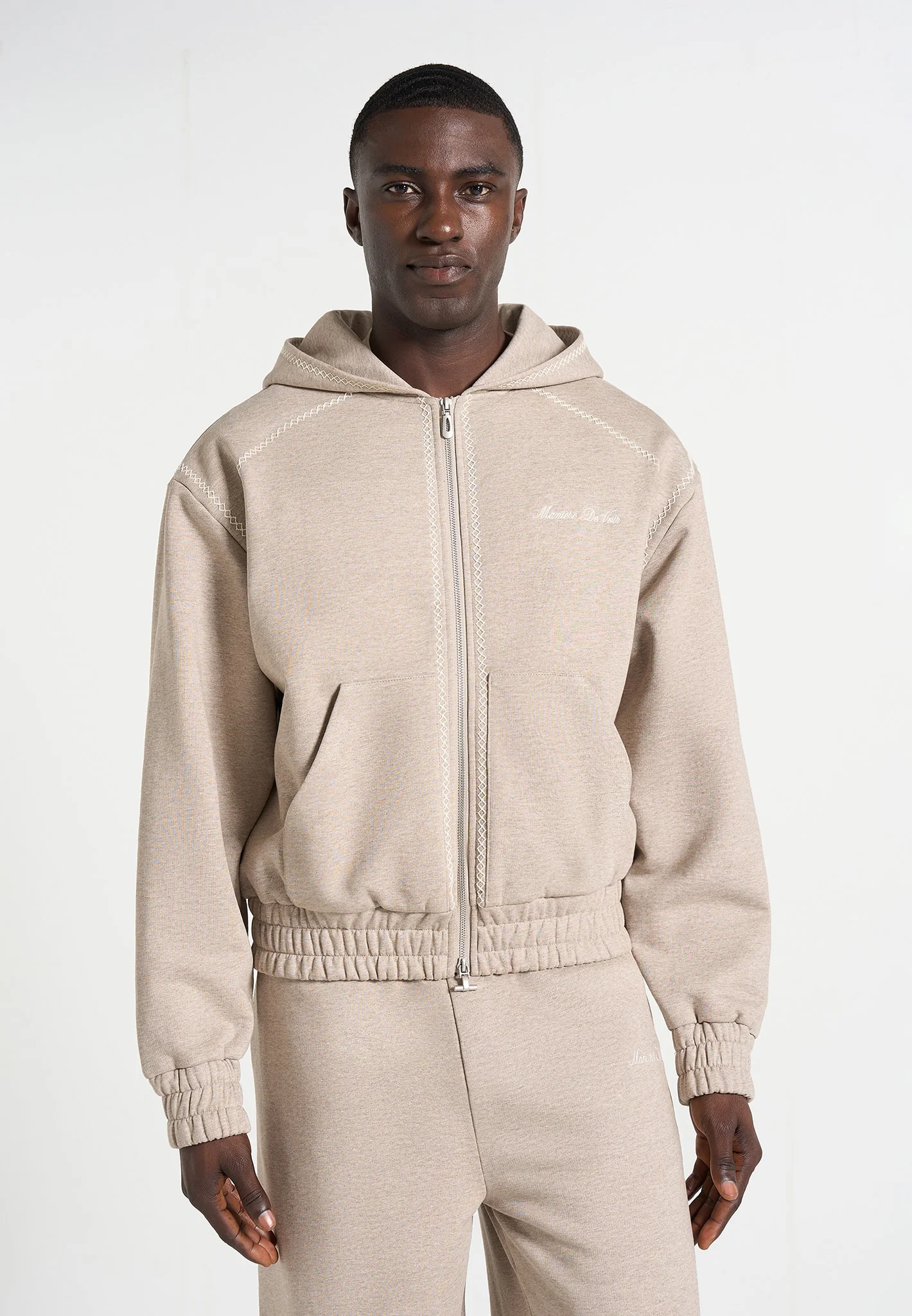 Ollie - Unisex Whipstitch Raglan Effect Zip Hoodie - Taupe - Image 2