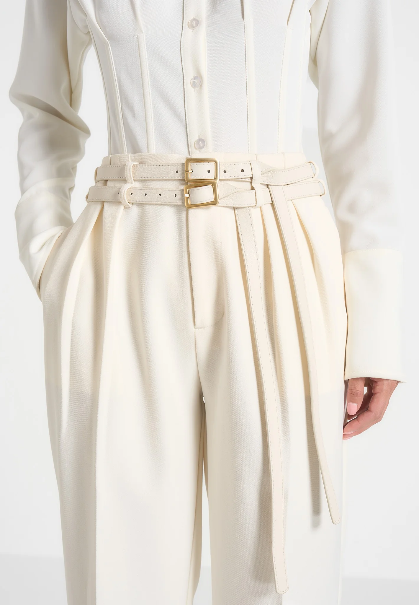 Pascale - Tailored Twin Belt Trousers - Off White - Image 3