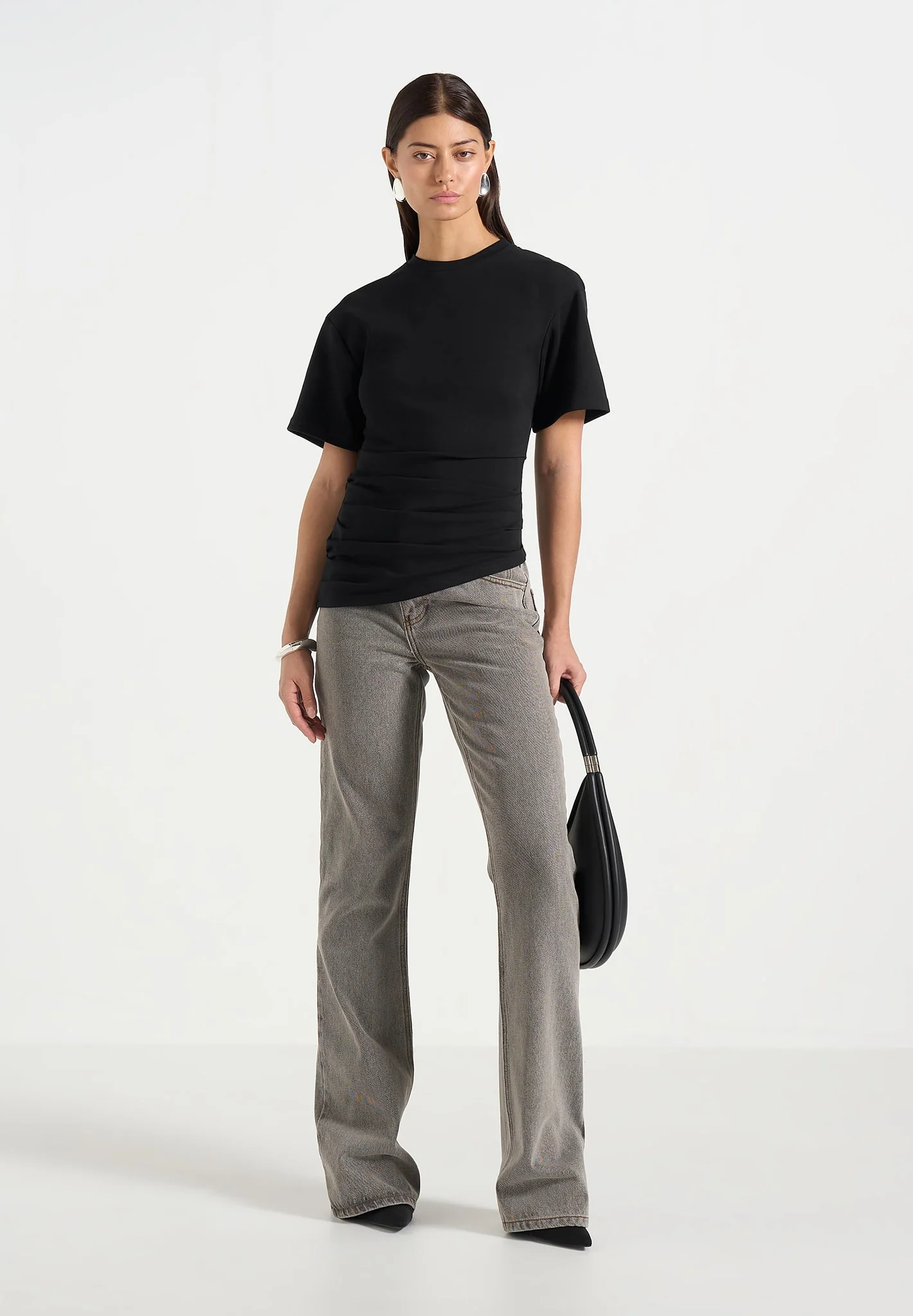 Pauline - Ruched  Asymmetric Cotton T-Shirt - Black - Image 2