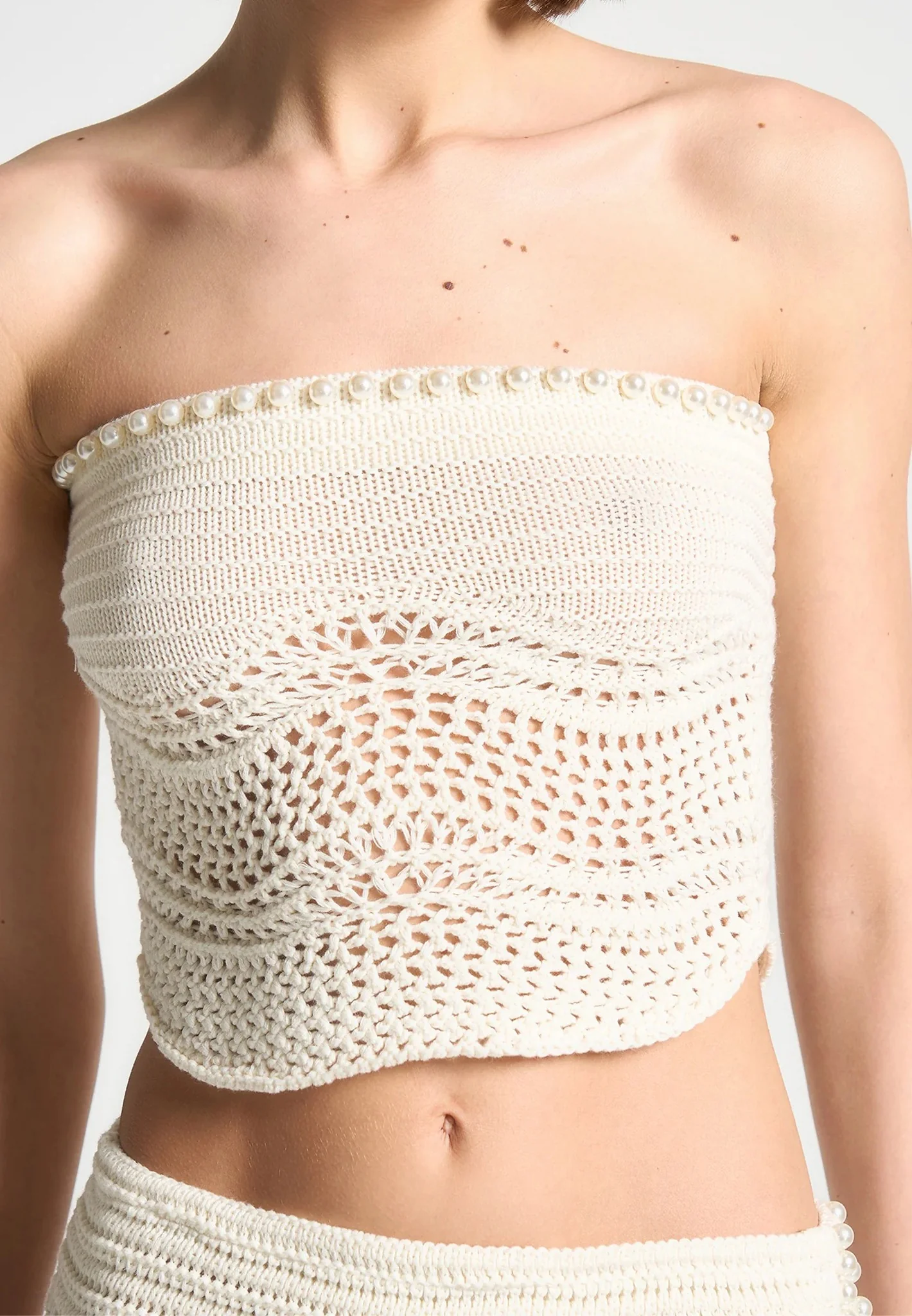 Pearl Applique Crochet Bandeau Top - Cream - Image 3