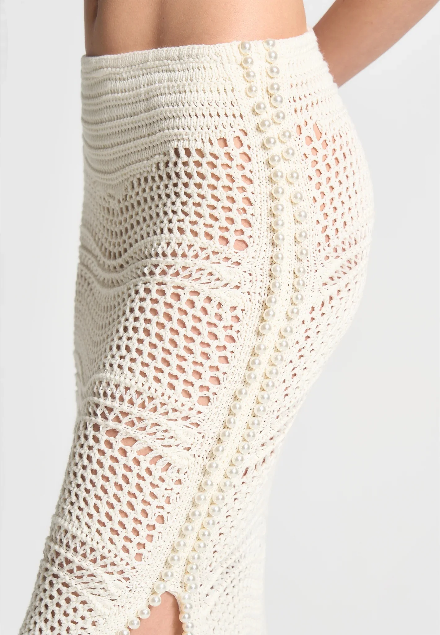 Pearl Applique Crochet Maxi Skirt - Cream - Image 2