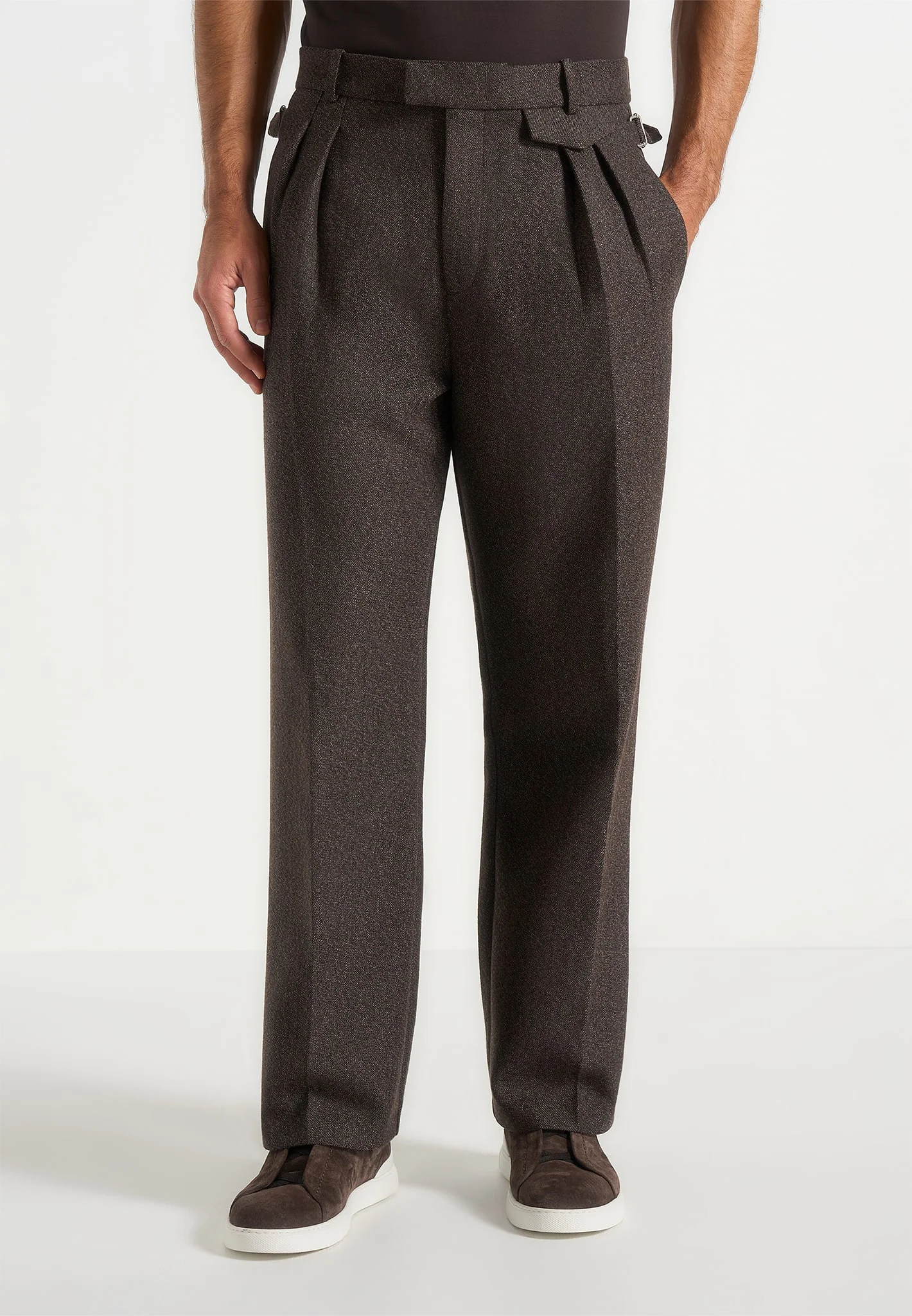 Pierre - Twin Pleat Melange Tailored Trousers - Brown