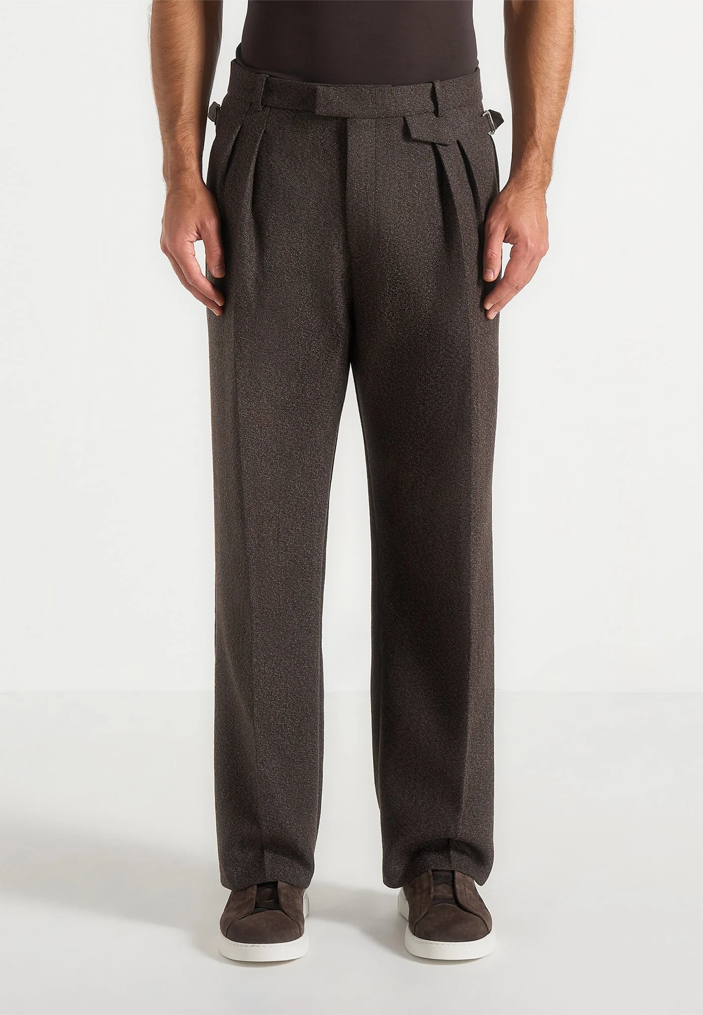 Pierre - Twin Pleat Melange Tailored Trousers - Brown - Image 4