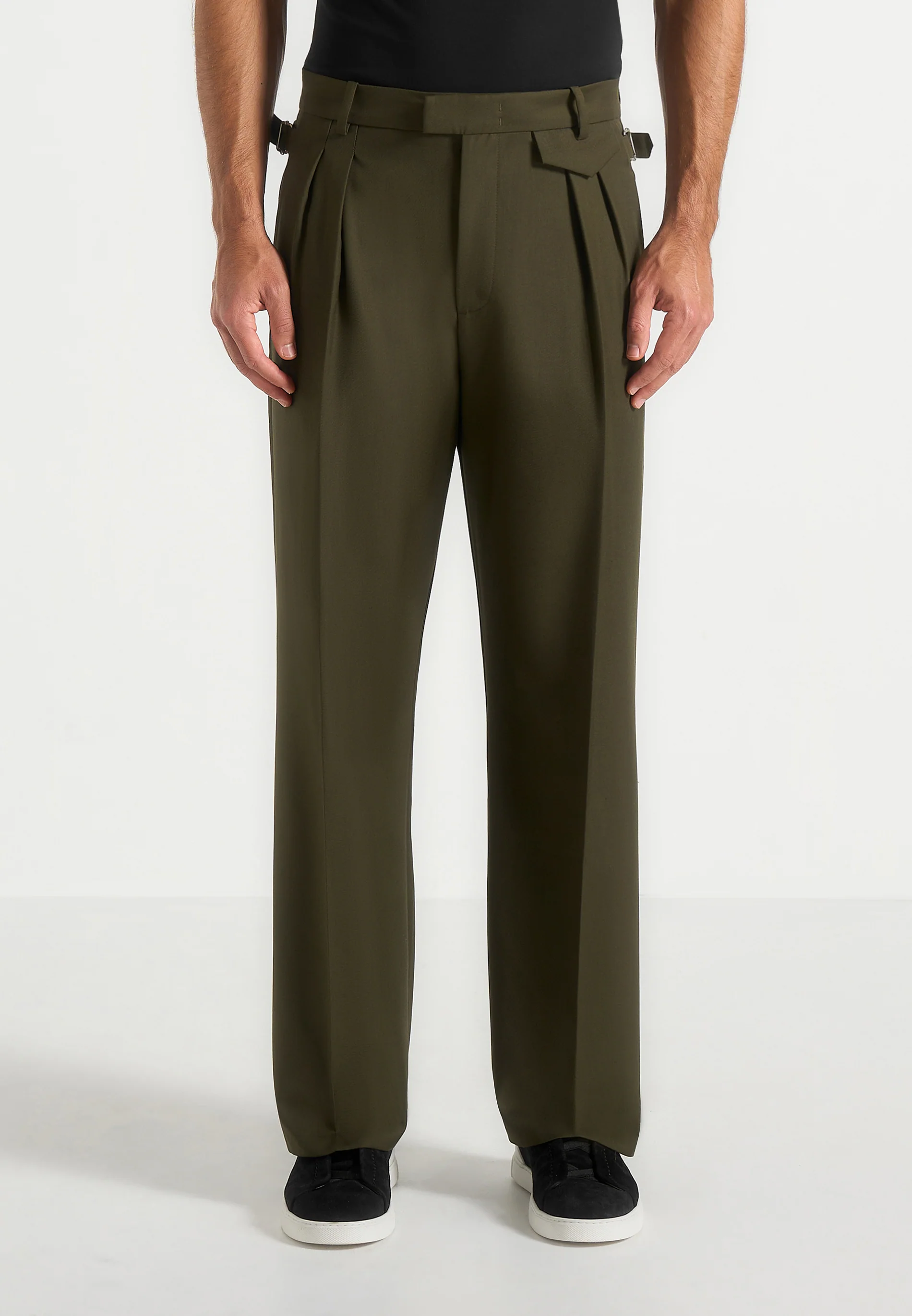 Pierre - Twin Pleat Tailored Trousers - Olive - Image 3