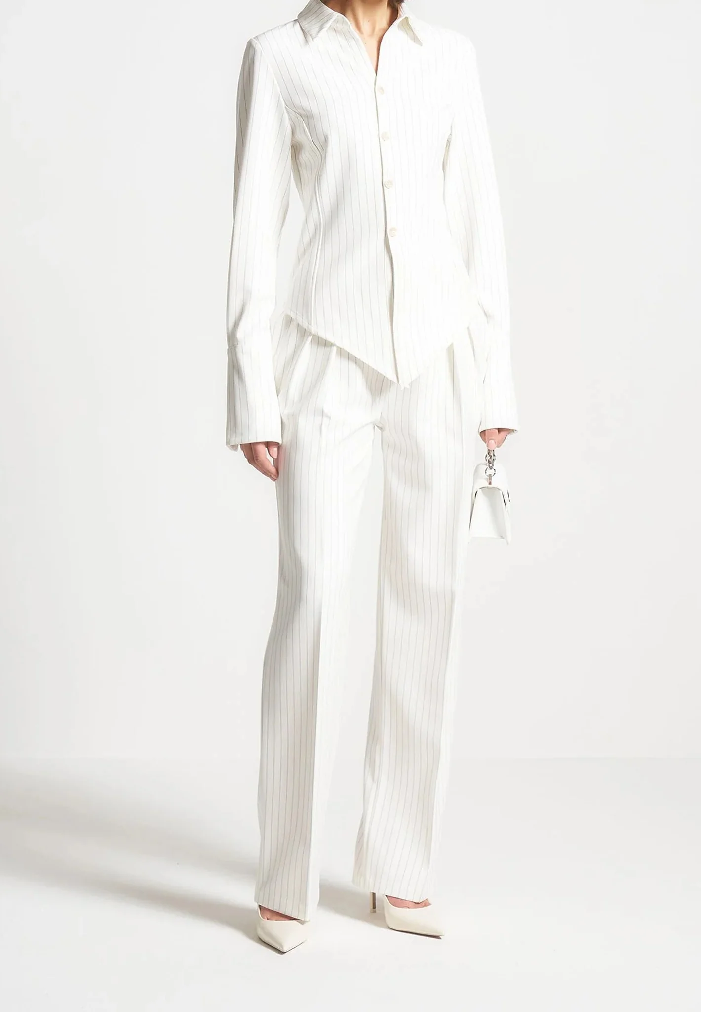 Julie - Pinstripe Twin Pleat Tailored Trousers - White - Image 2