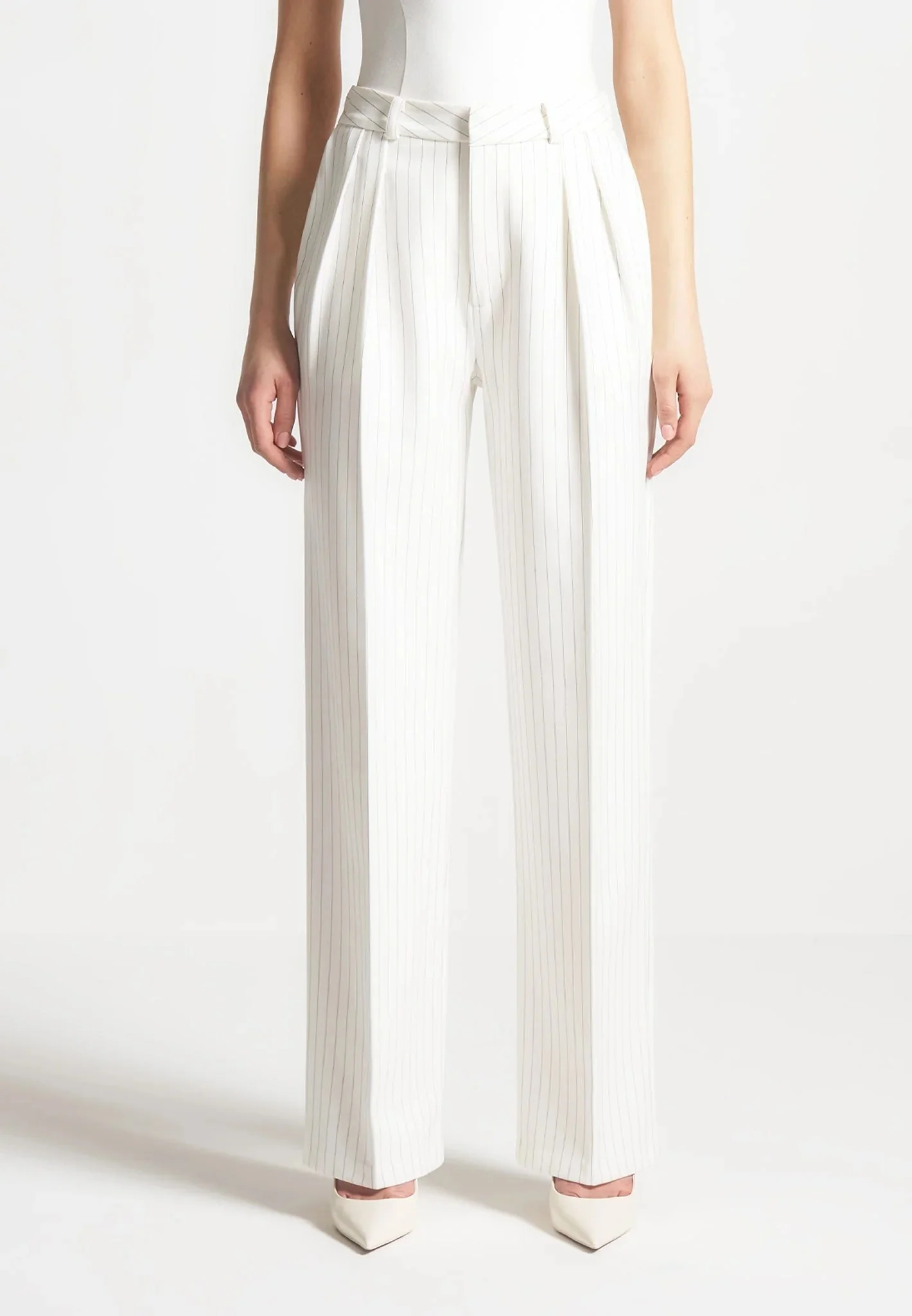 Julie - Pinstripe Twin Pleat Tailored Trousers - White - Image 3