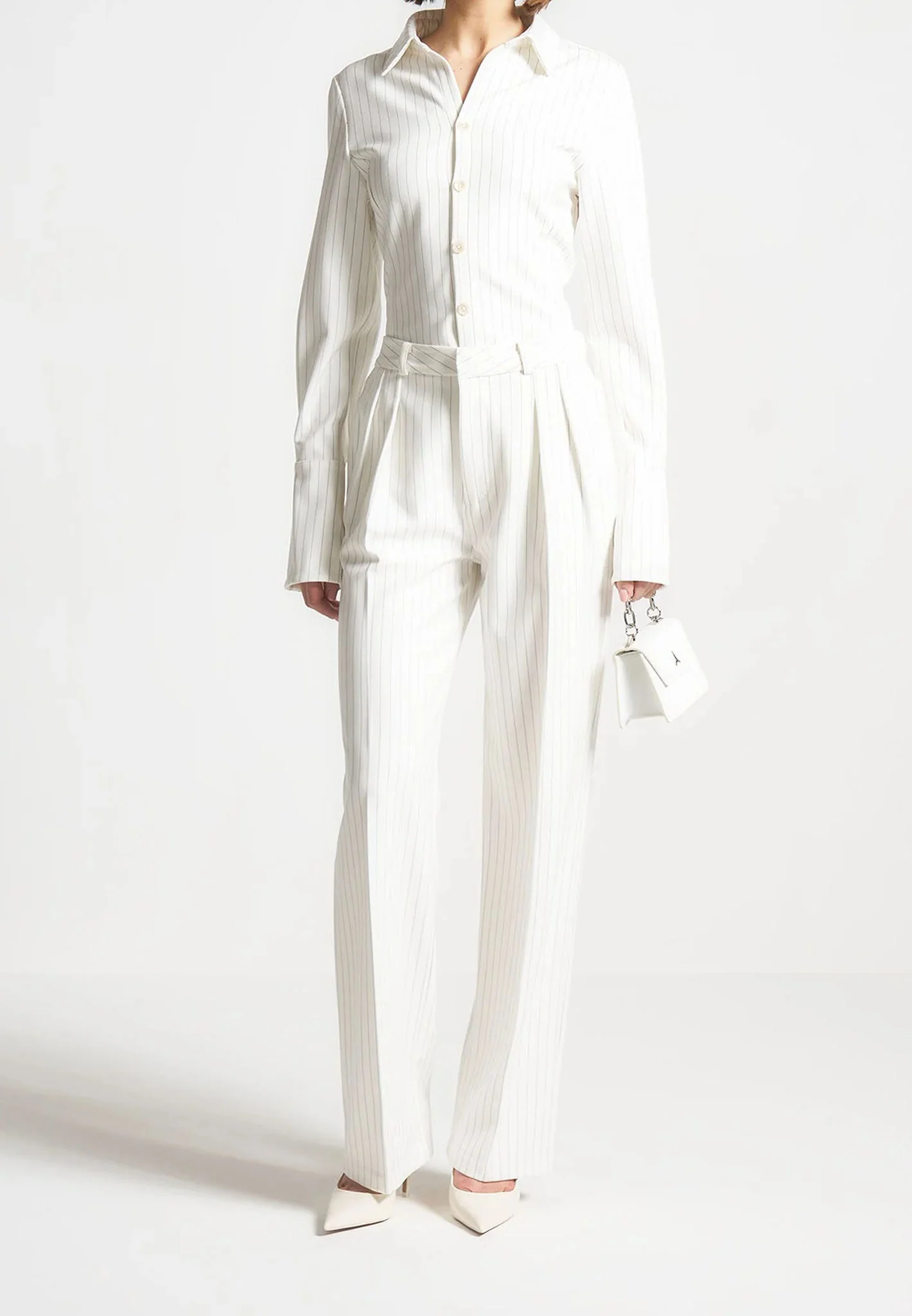 Julie - Pinstripe Twin Pleat Tailored Trousers - White - Image 4
