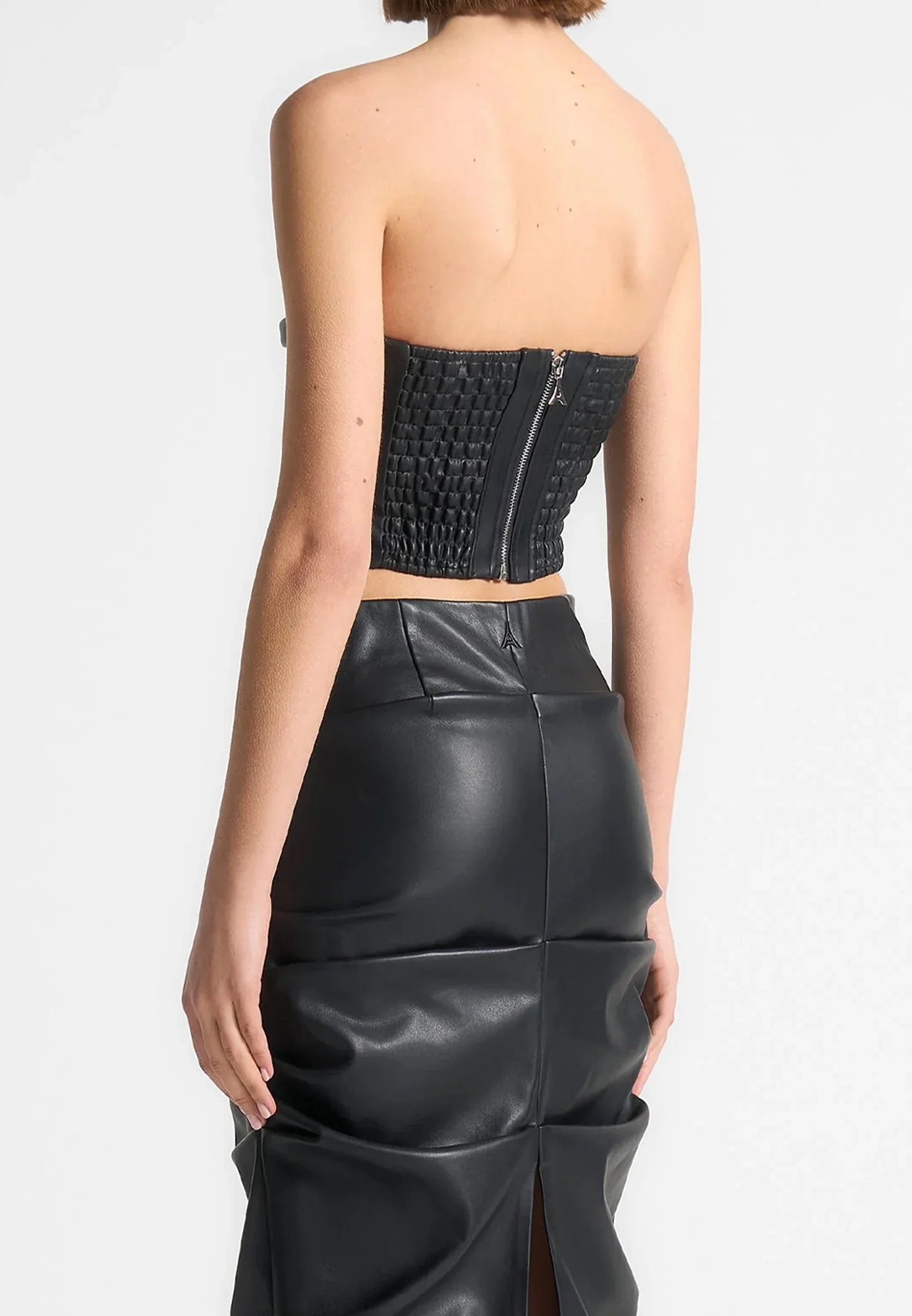 Pleated Bandeau Leather Corset Top - Black - Image 3
