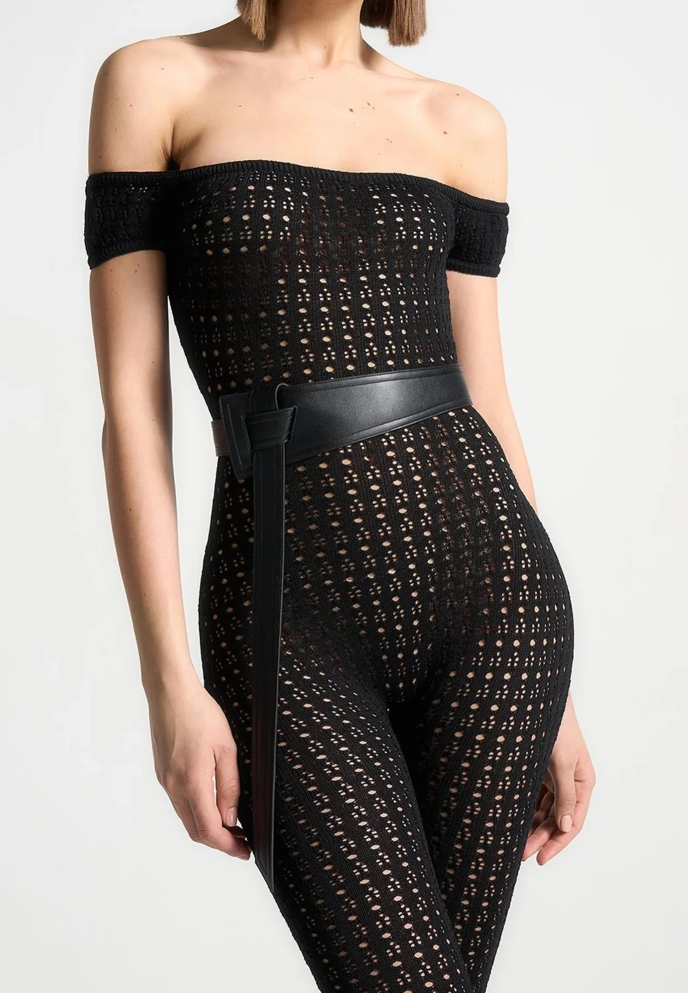 Martine - Pointelle Knit Bardot Jumpsuit with Belt - Black - Image 2