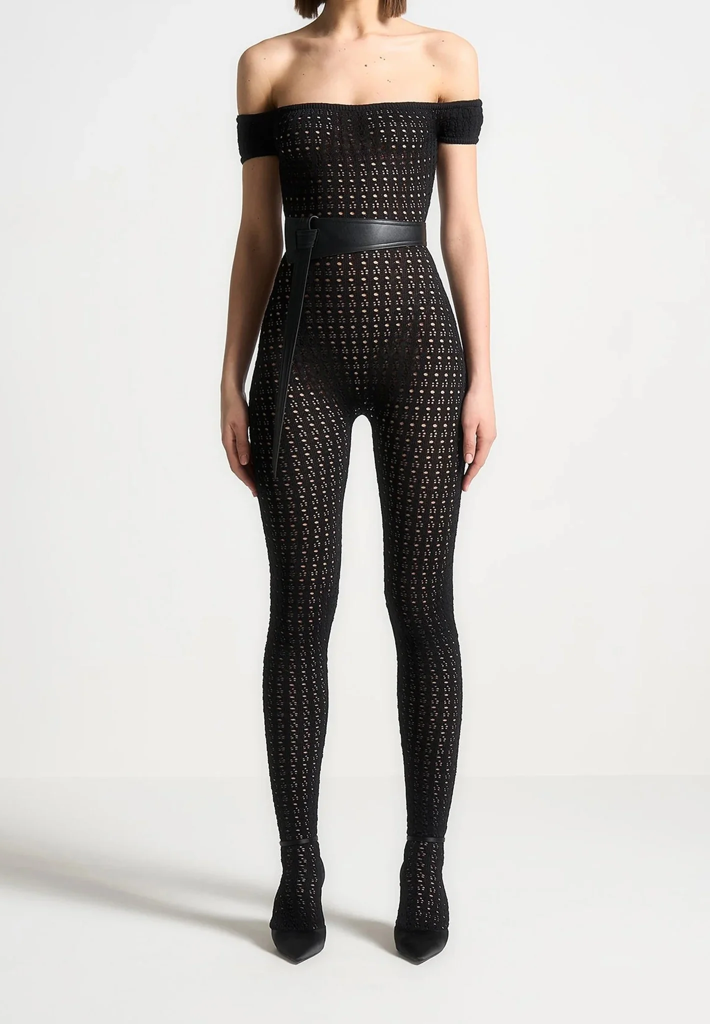 Martine - Pointelle Knit Bardot Jumpsuit with Belt - Black - Image 3