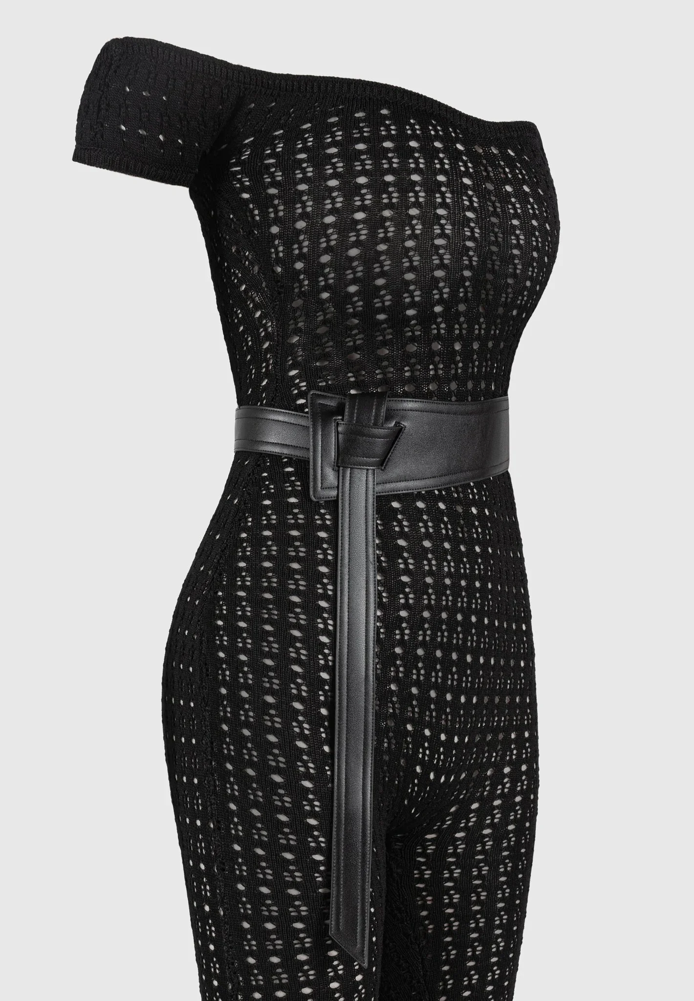 Martine - Pointelle Knit Bardot Jumpsuit with Belt - Black - Image 6