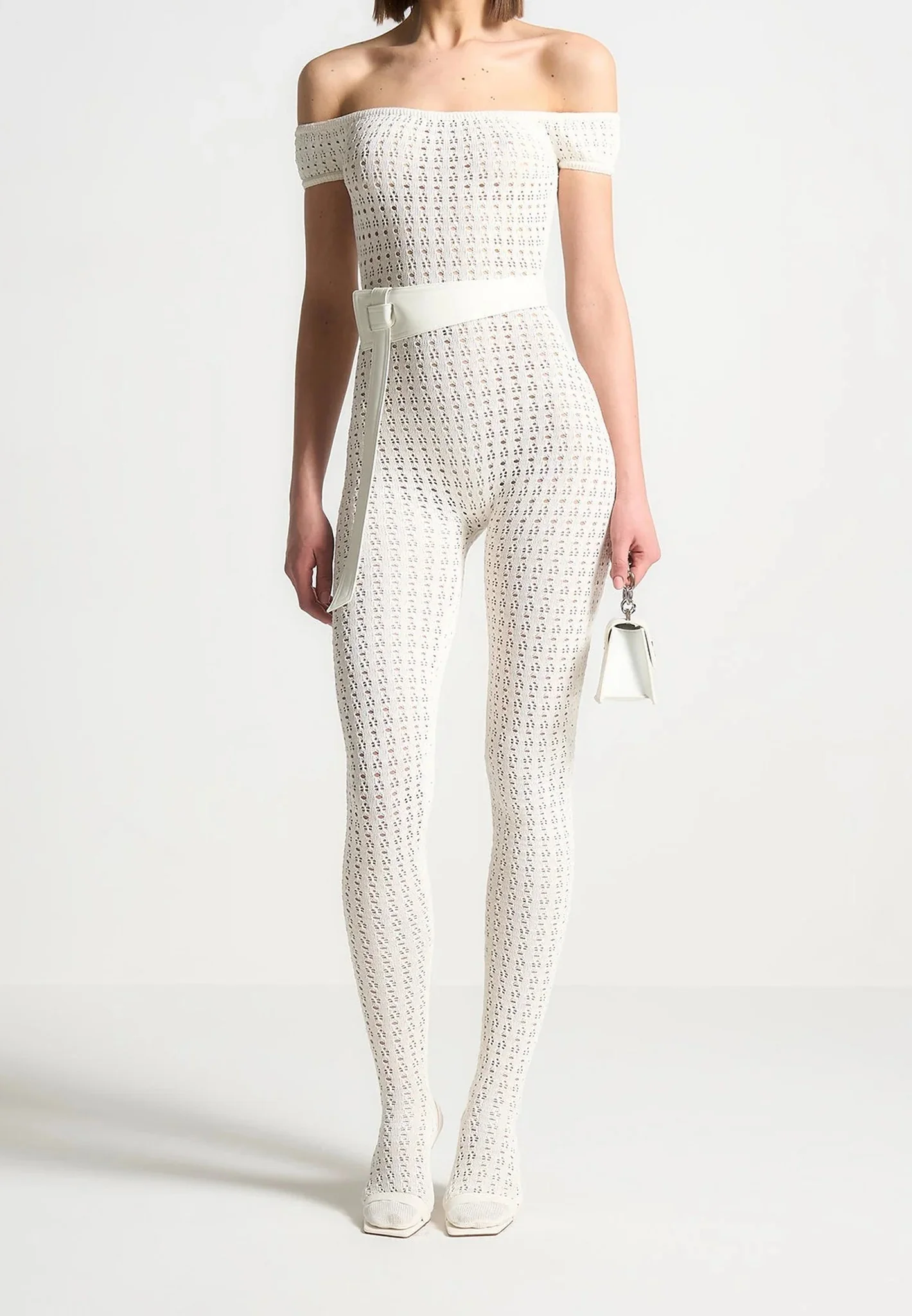 Martine - Pointelle Knit Bardot Jumpsuit with Belt - Cream