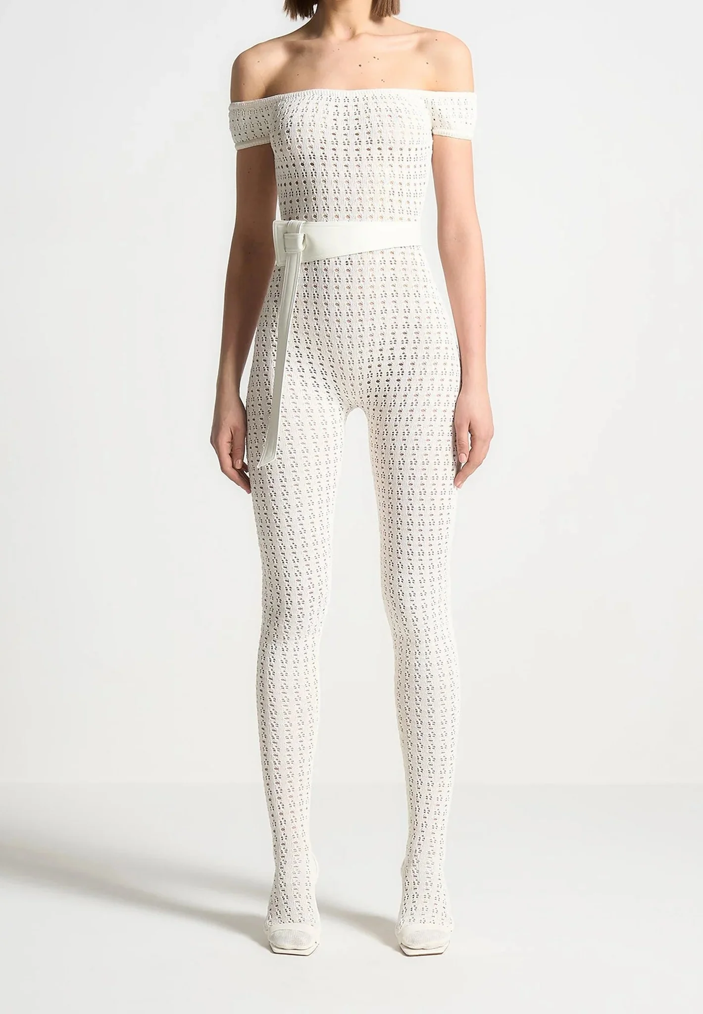 Martine - Pointelle Knit Bardot Jumpsuit with Belt - Cream - Image 3