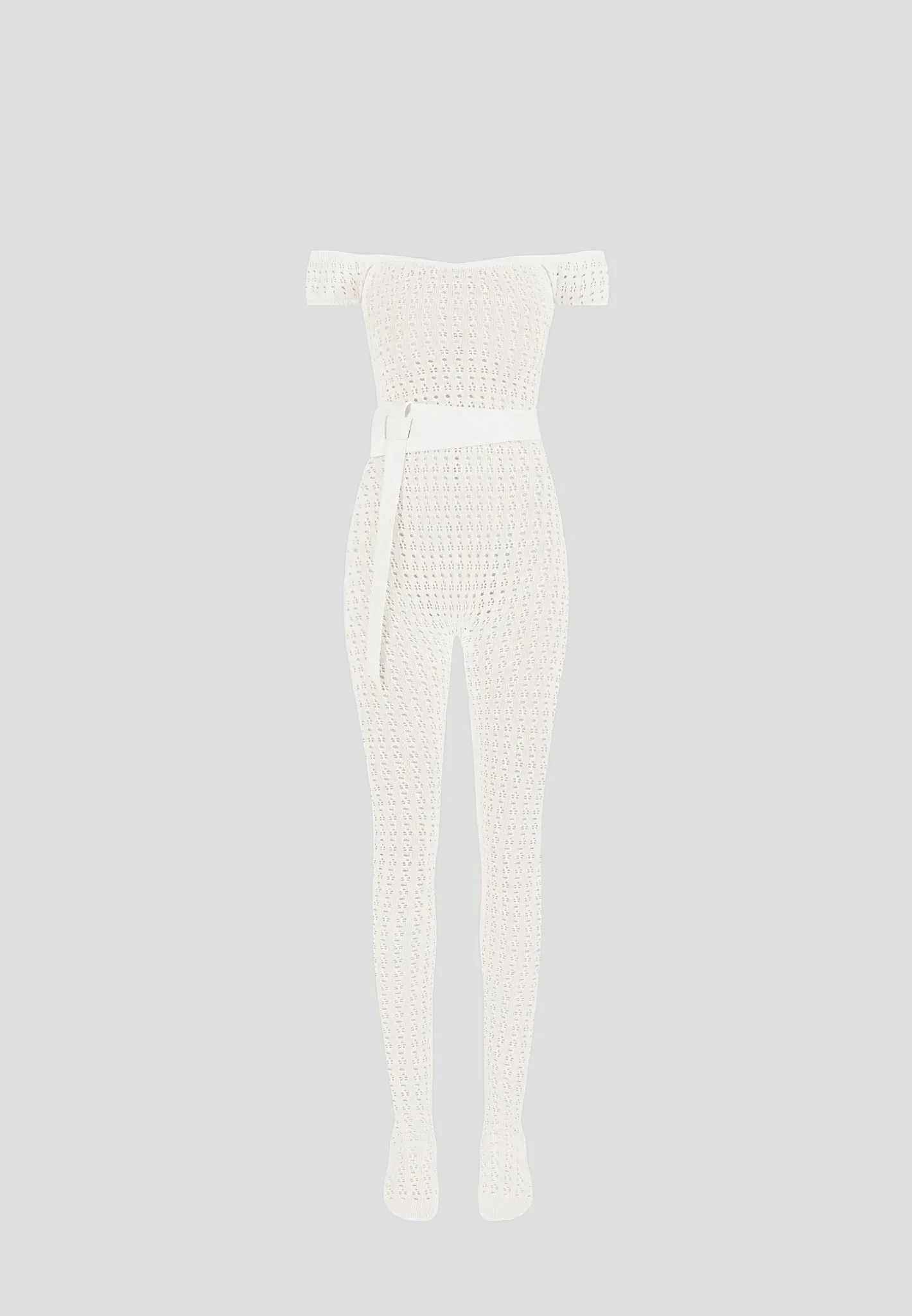 Martine - Pointelle Knit Bardot Jumpsuit with Belt - Cream - Image 5