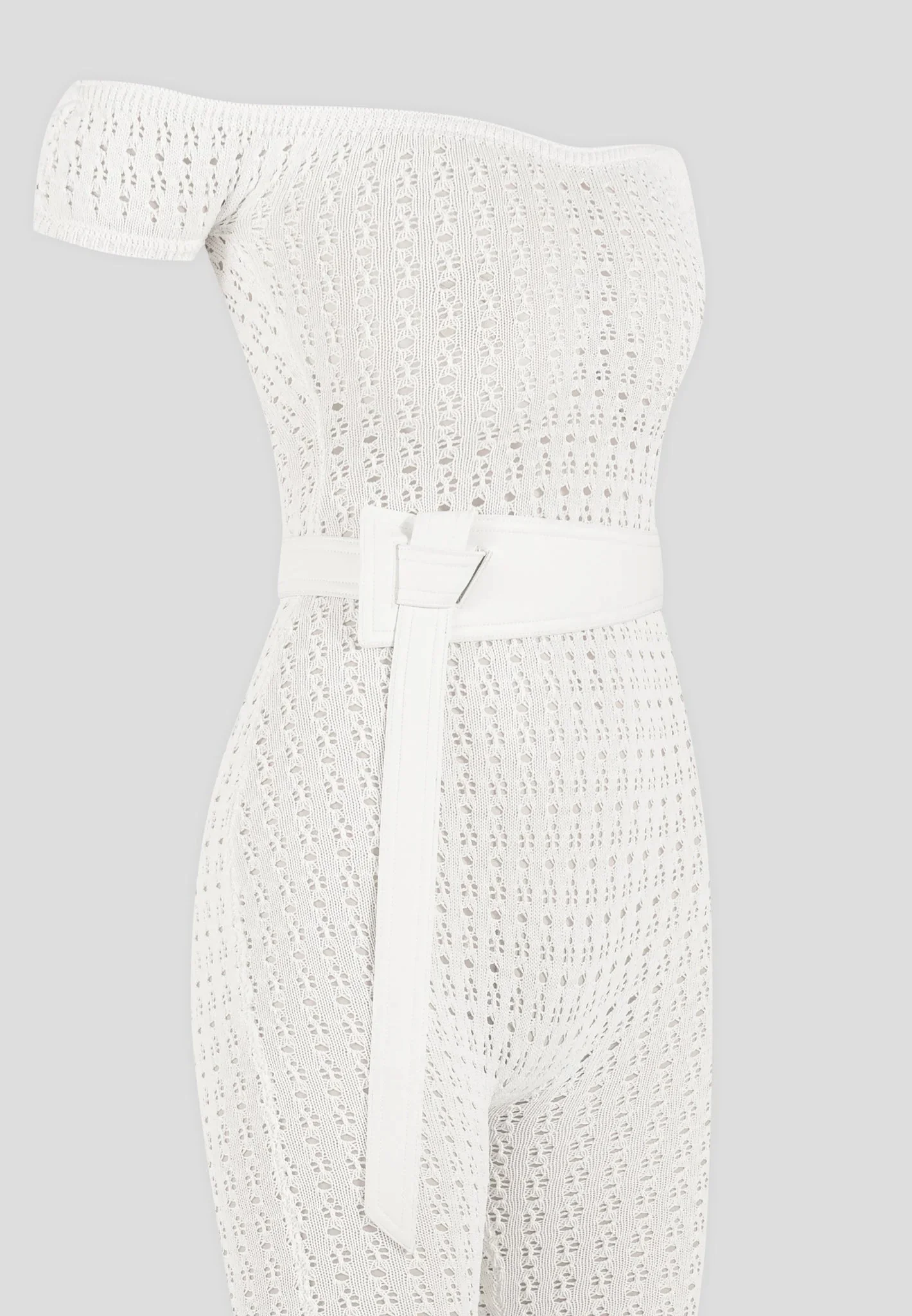 Martine - Pointelle Knit Bardot Jumpsuit with Belt - Cream - Image 6