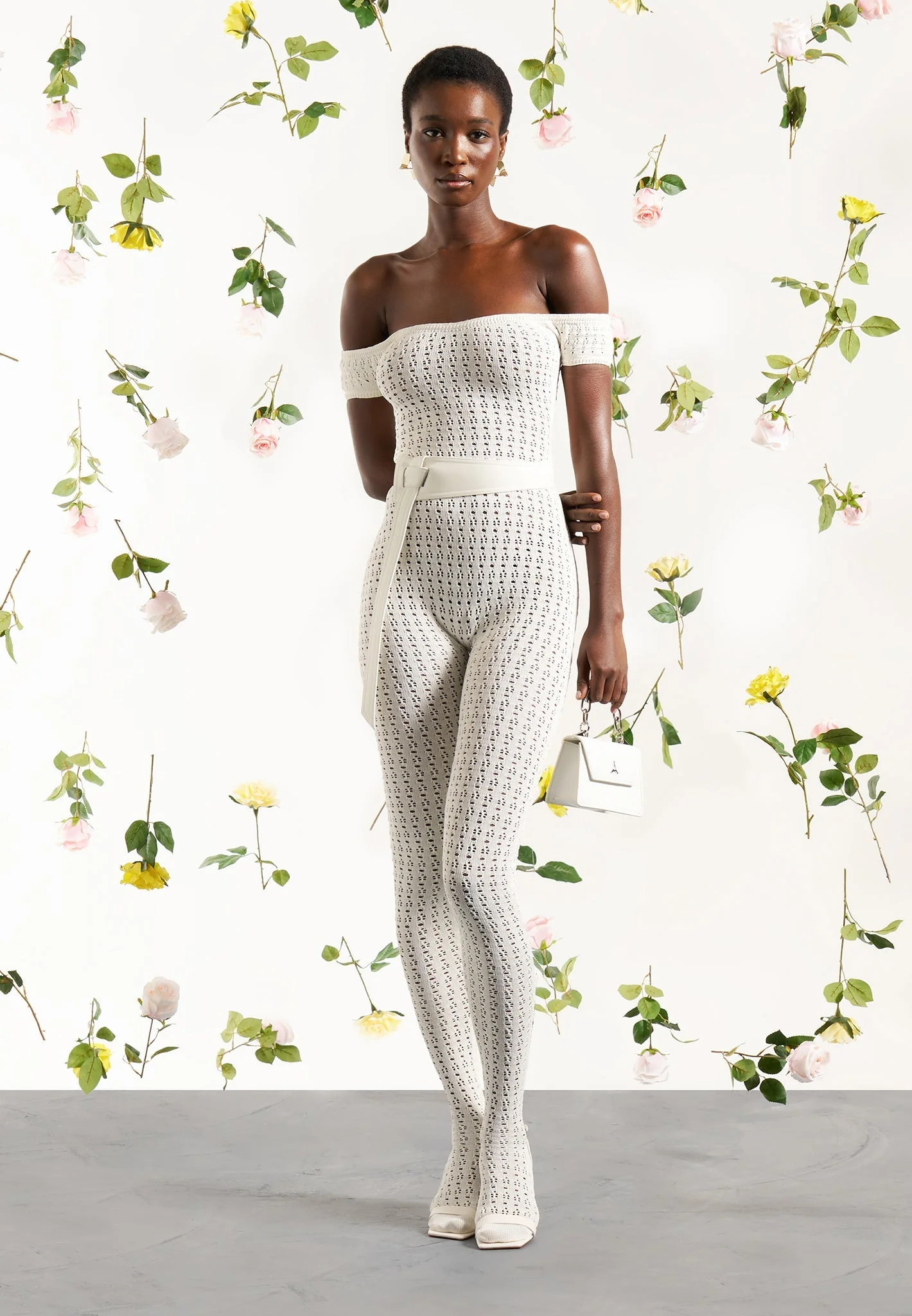 Martine - Pointelle Knit Bardot Jumpsuit with Belt - Cream - Image 7