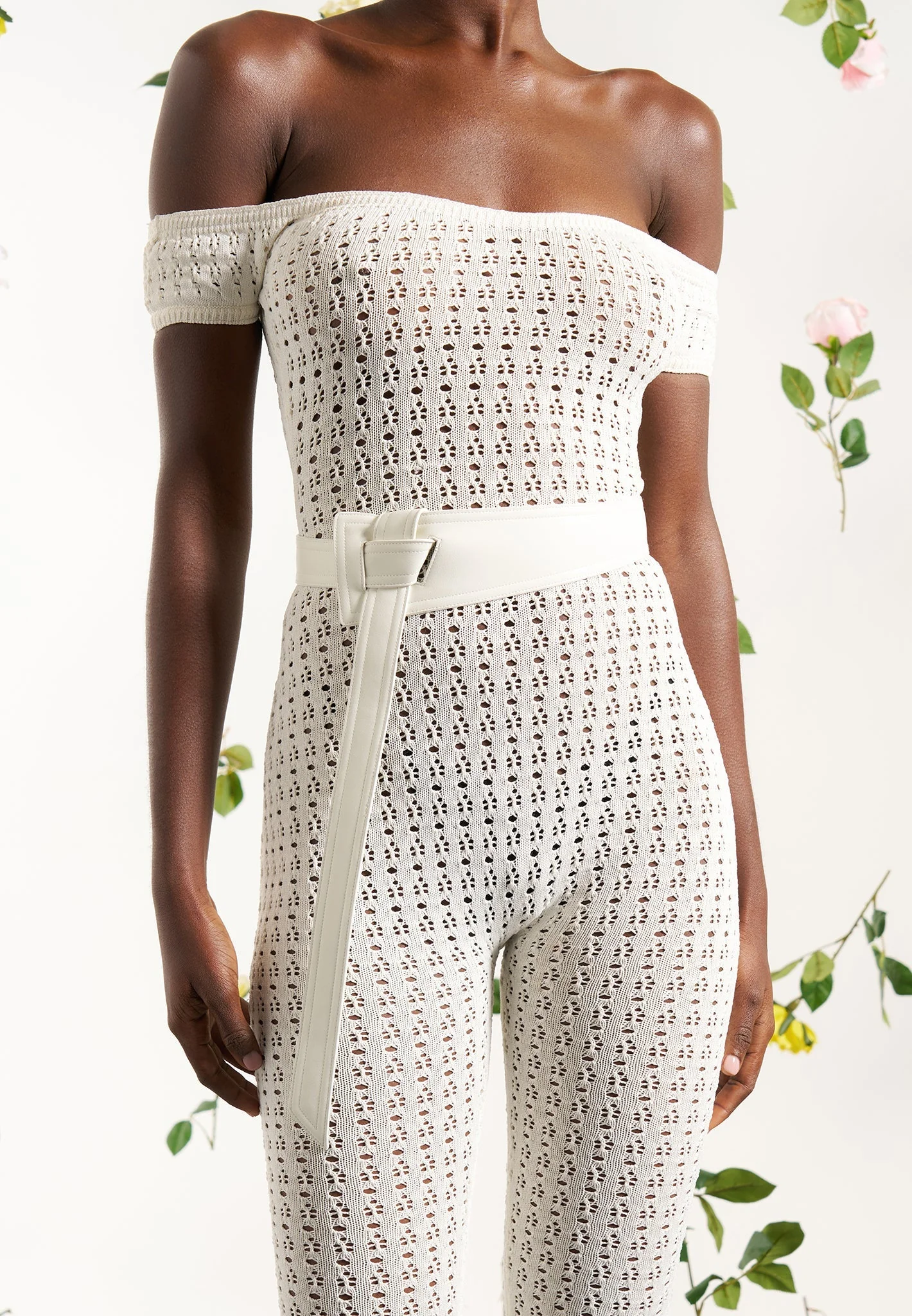 Martine - Pointelle Knit Bardot Jumpsuit with Belt - Cream - Image 8
