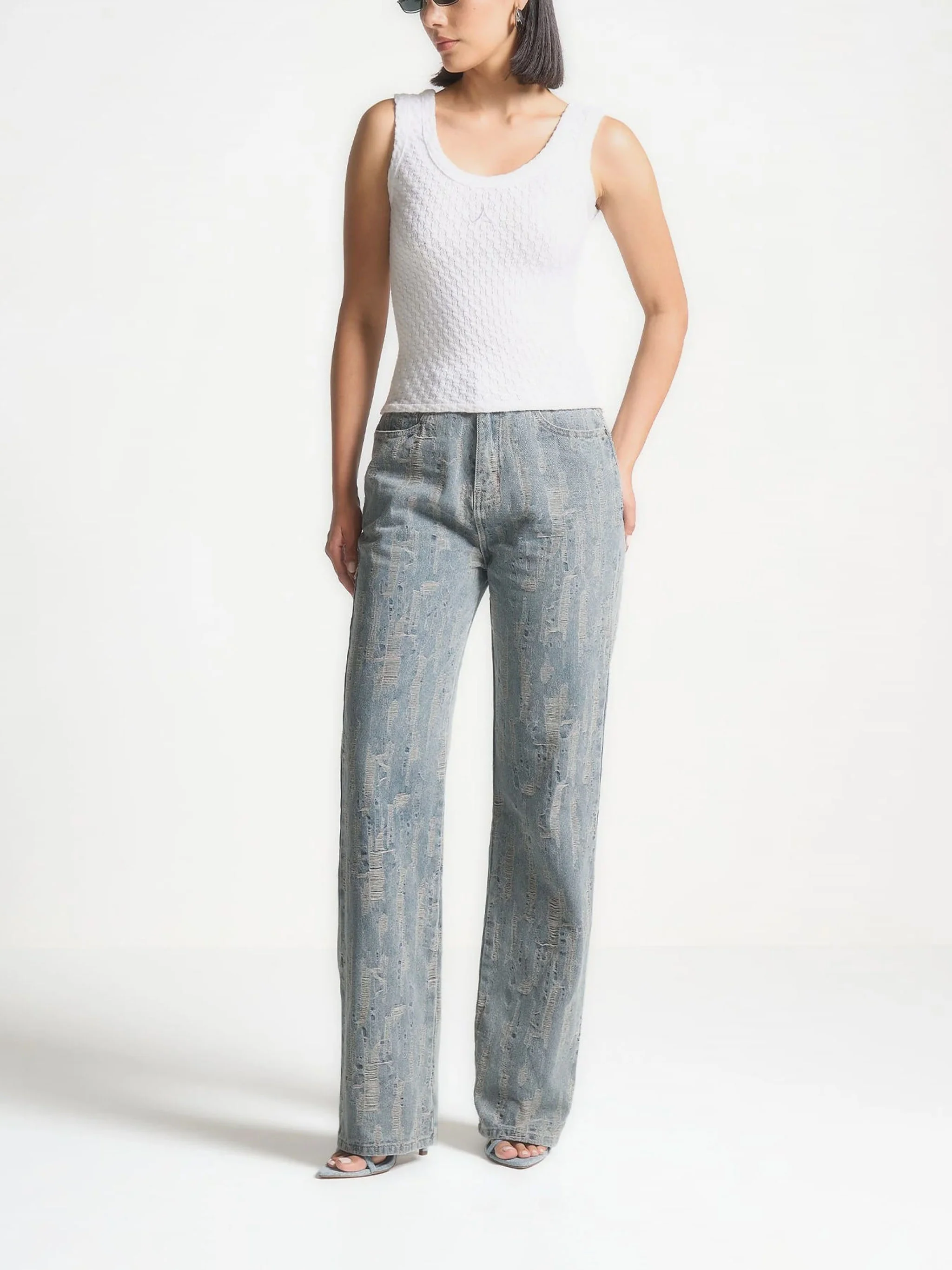 Posie - Distressed High Rise Straight Leg Jeans - Mid Blue - Image 3
