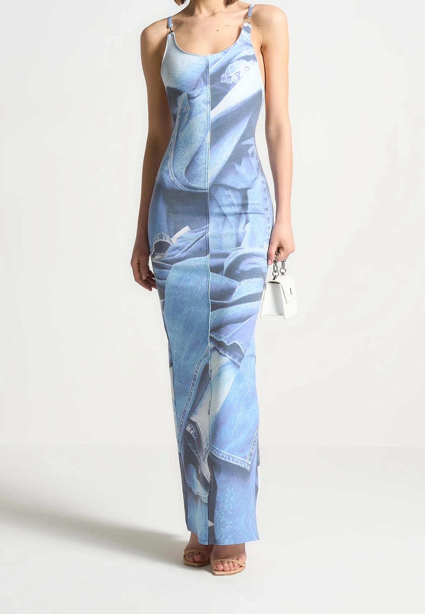 Printed Denim Effect Maxi Dress - Blue