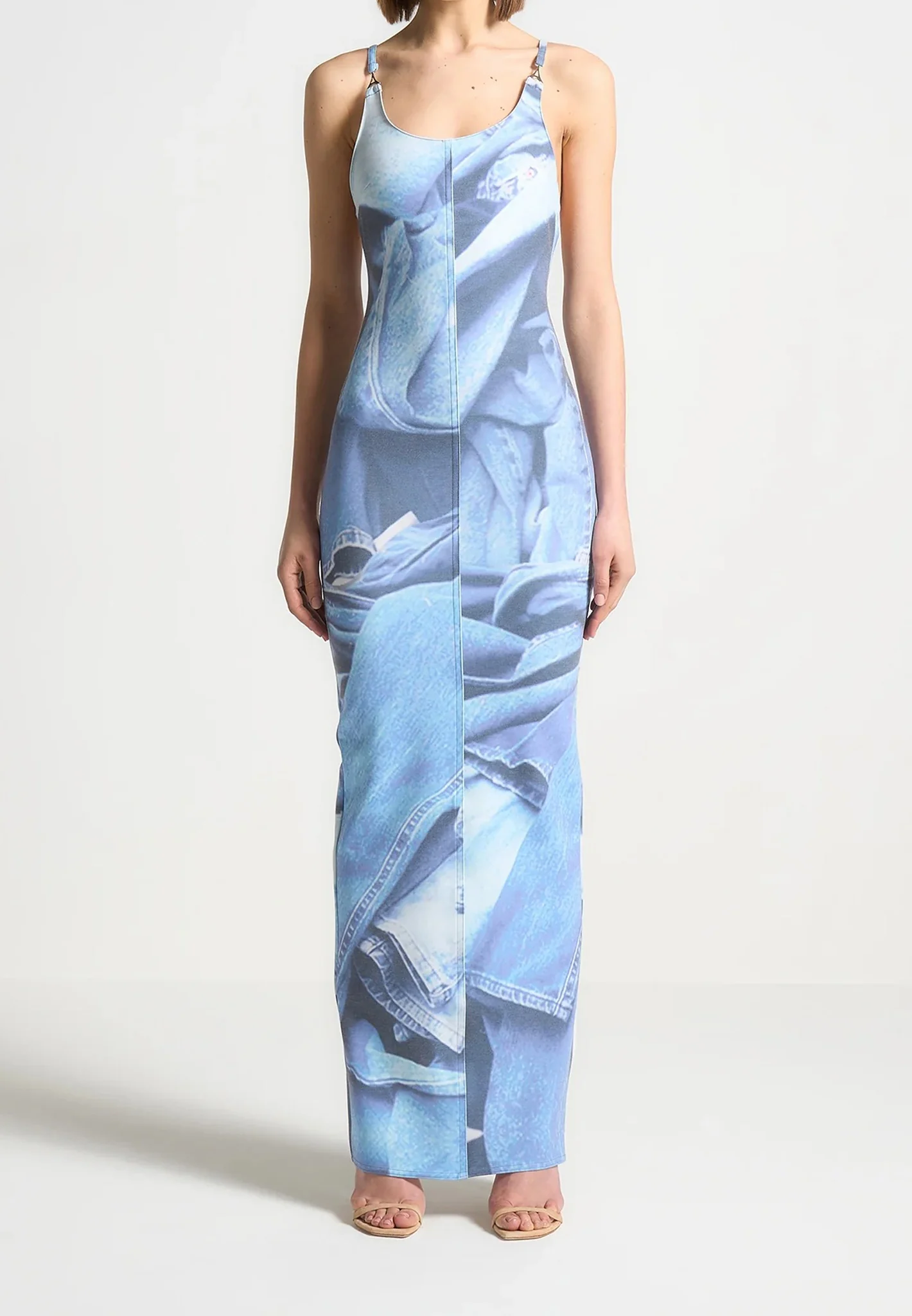 Printed Denim Effect Maxi Dress - Blue - Image 5