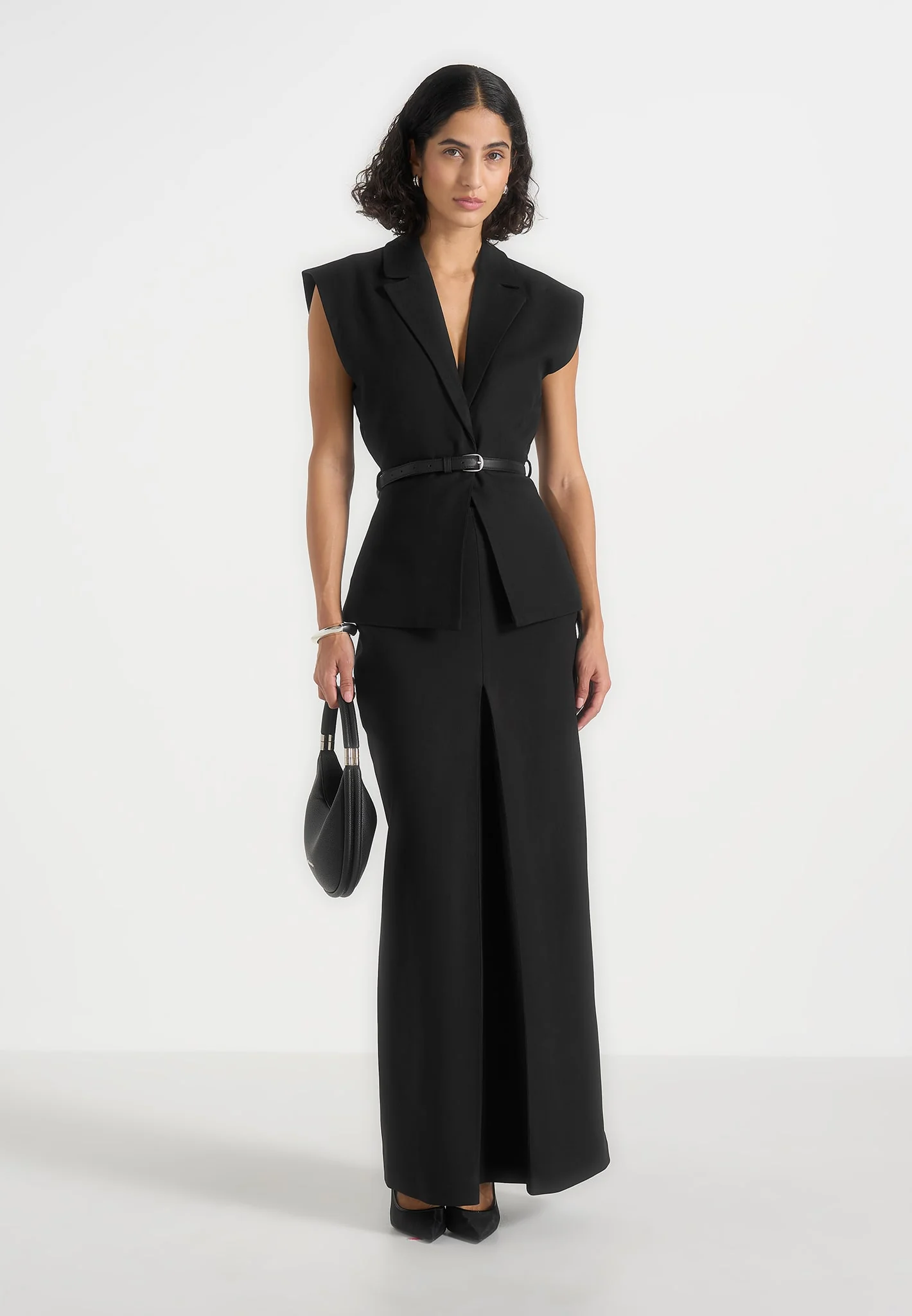 Regine - Tailored Box Pleat Maxi Skirt - Black
