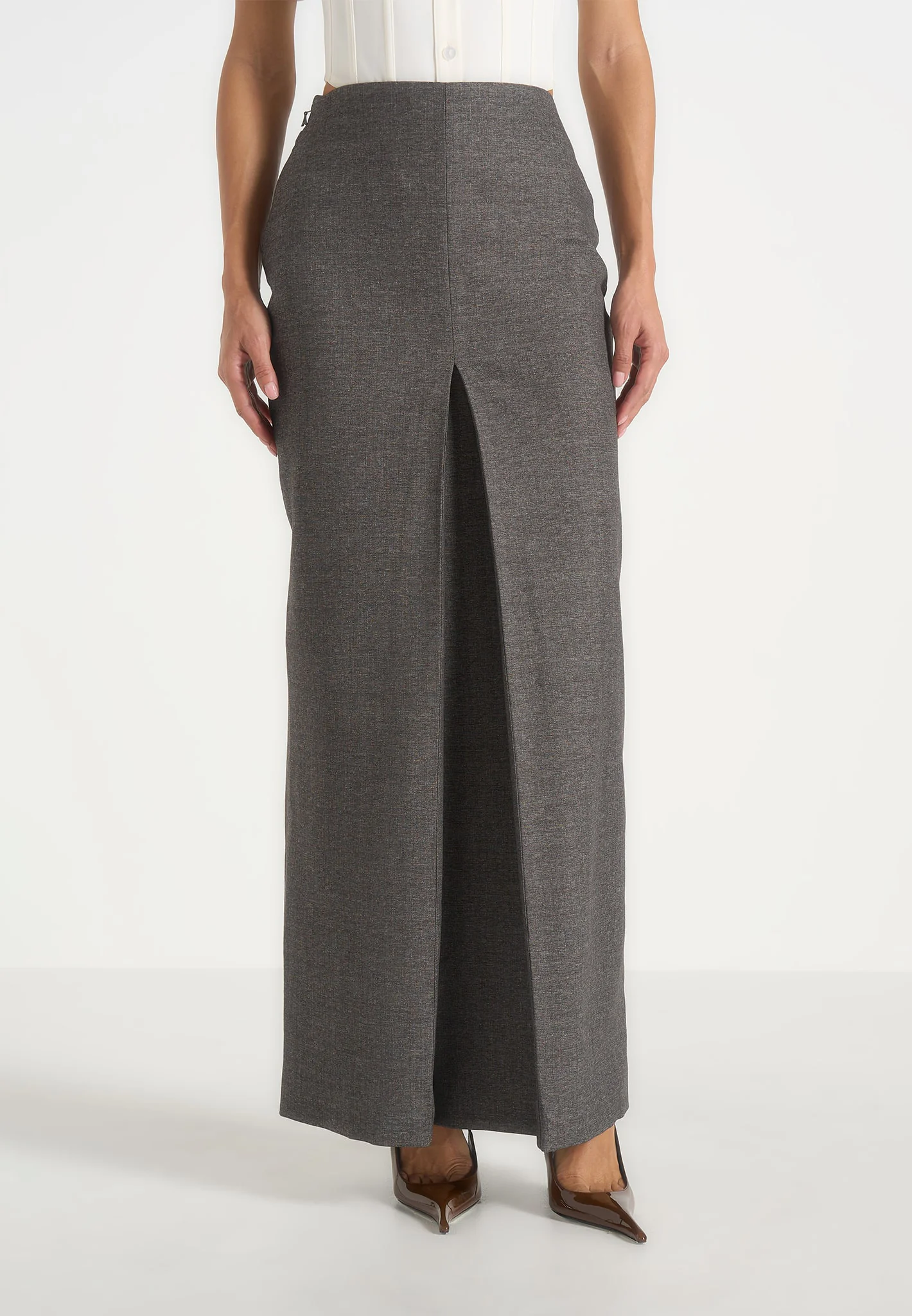 Regine - Tailored Box Pleat Maxi Skirt - Marl Grey - Image 2
