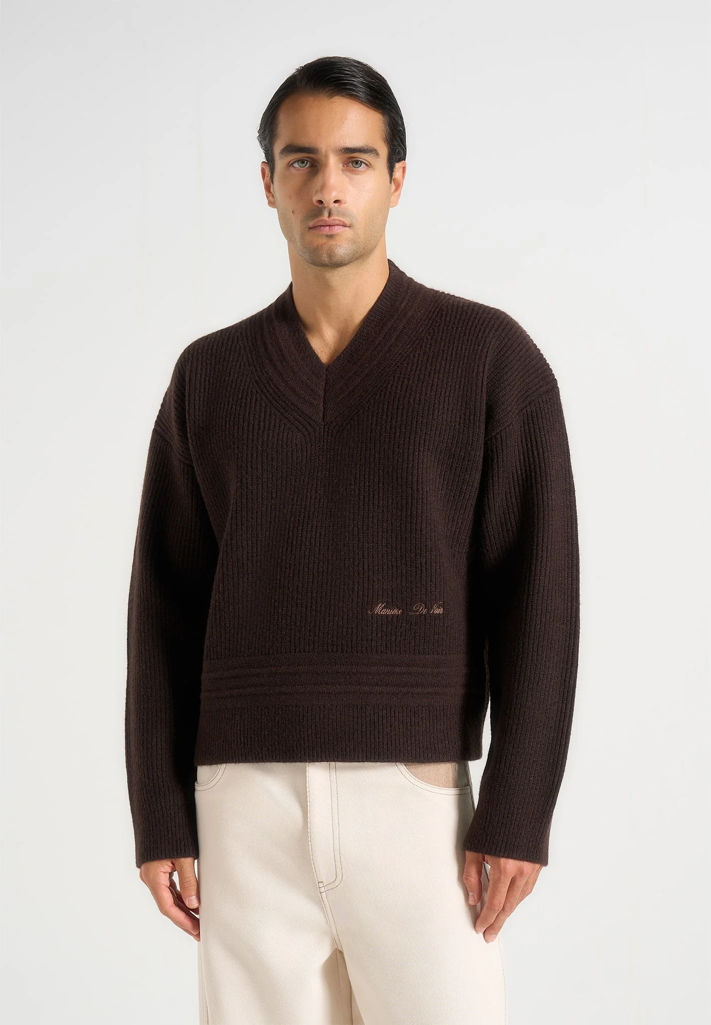 Remi - V-Neck Signature Knit Jumper - Brown - Image 2