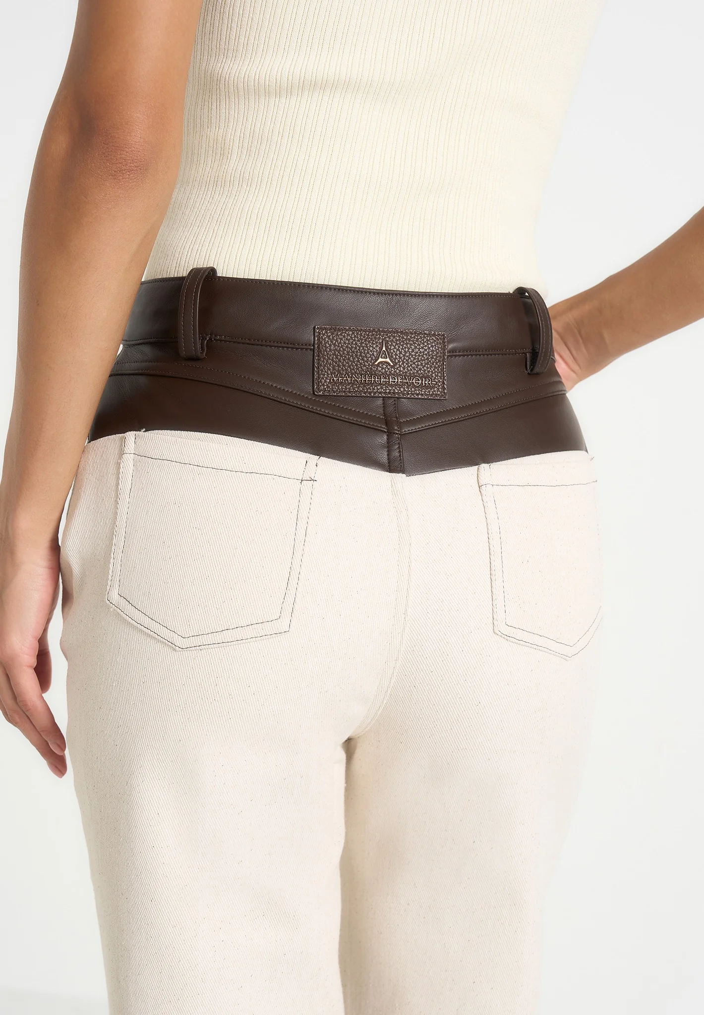 Renee - Denim & Leather Straight Leg Jeans - Cream/Brown - Image 4