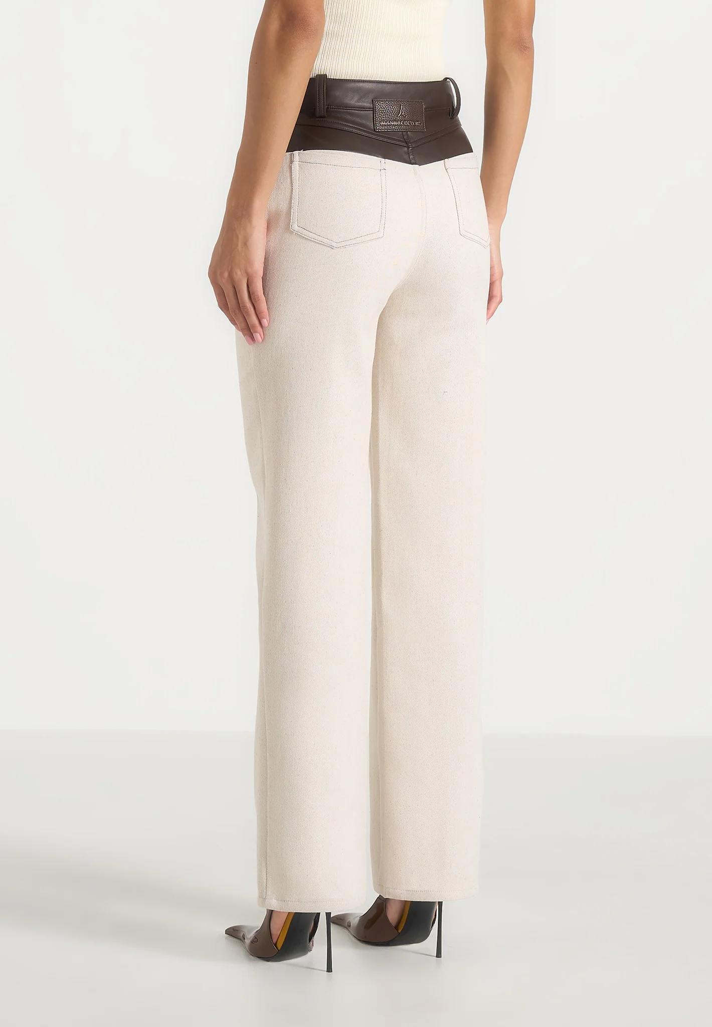 Renee - Denim & Leather Straight Leg Jeans - Cream/Brown - Image 5