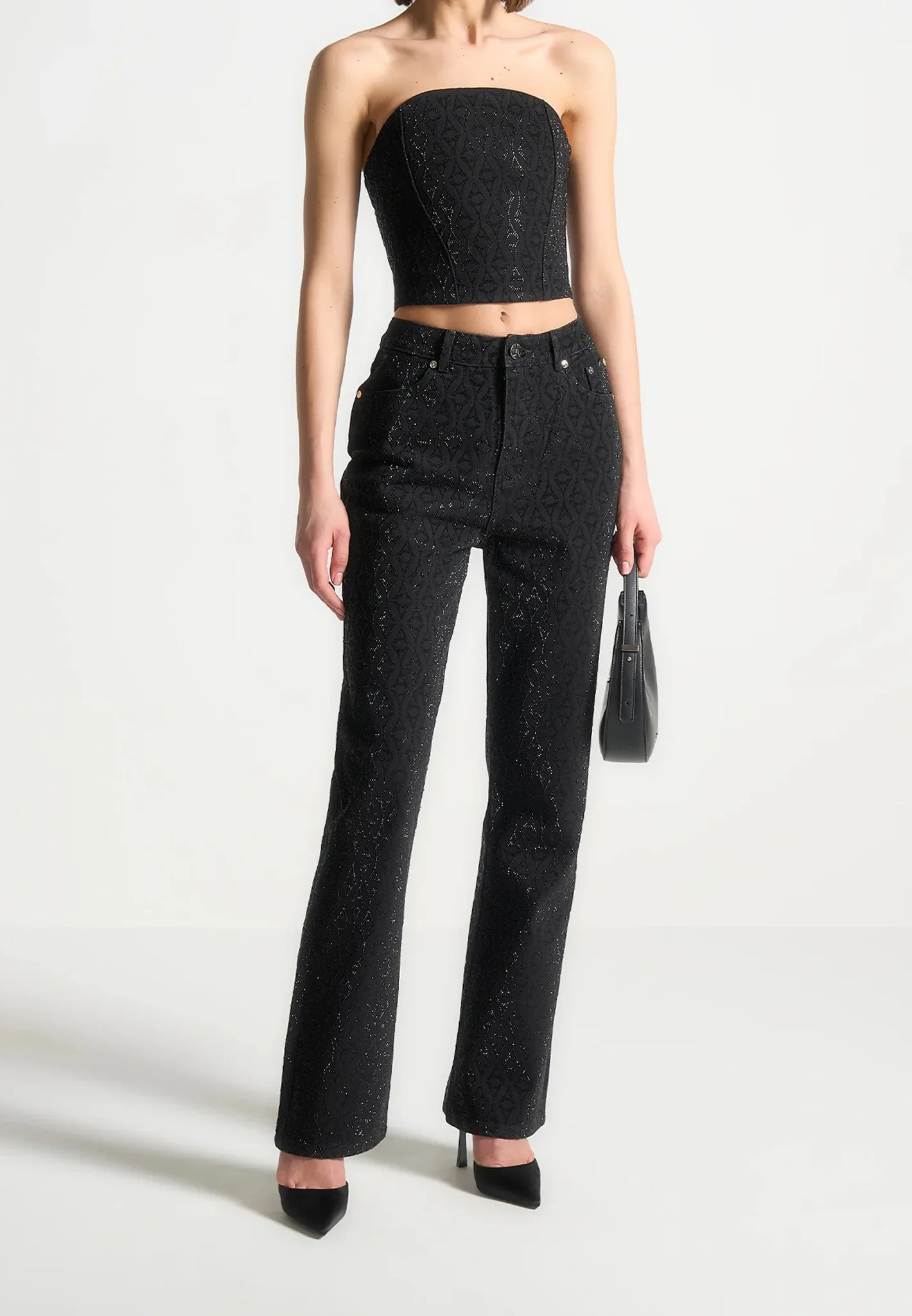 Rhinestone Eiffel Denim Bandeau Corset Top - Black - Image 2
