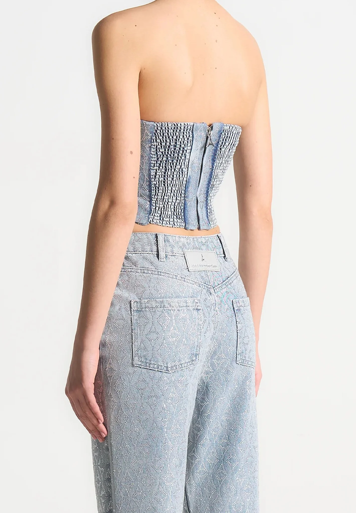 Rhinestone Eiffel Denim Bandeau Corset Top - Mid Blue - Image 3