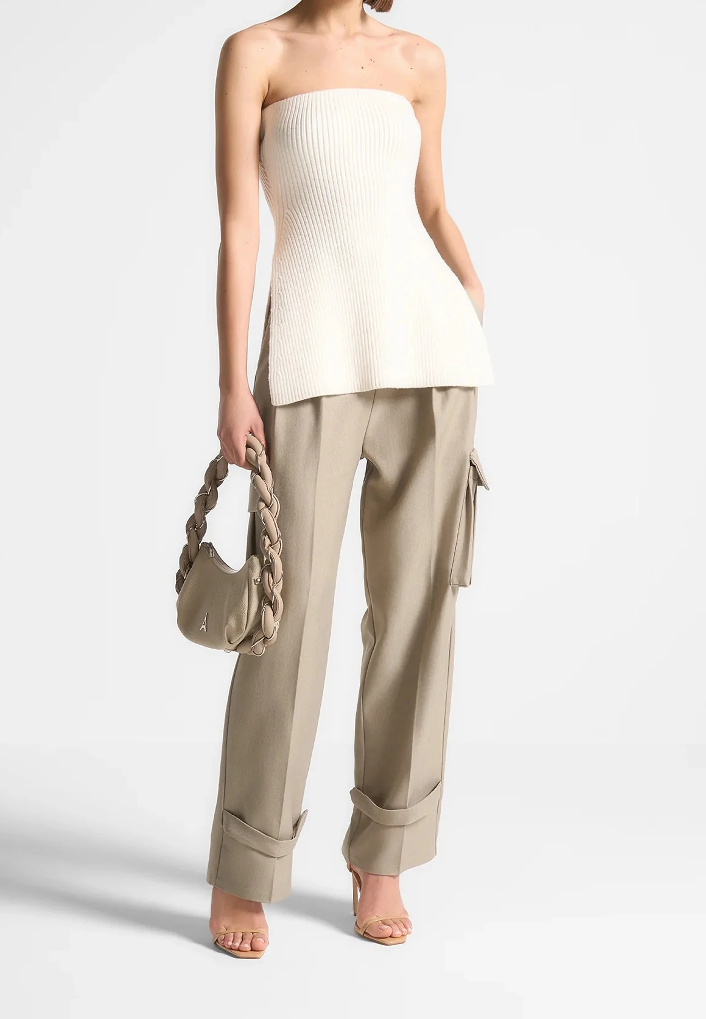 Rib Knit Longline Bandeau Top - Off White