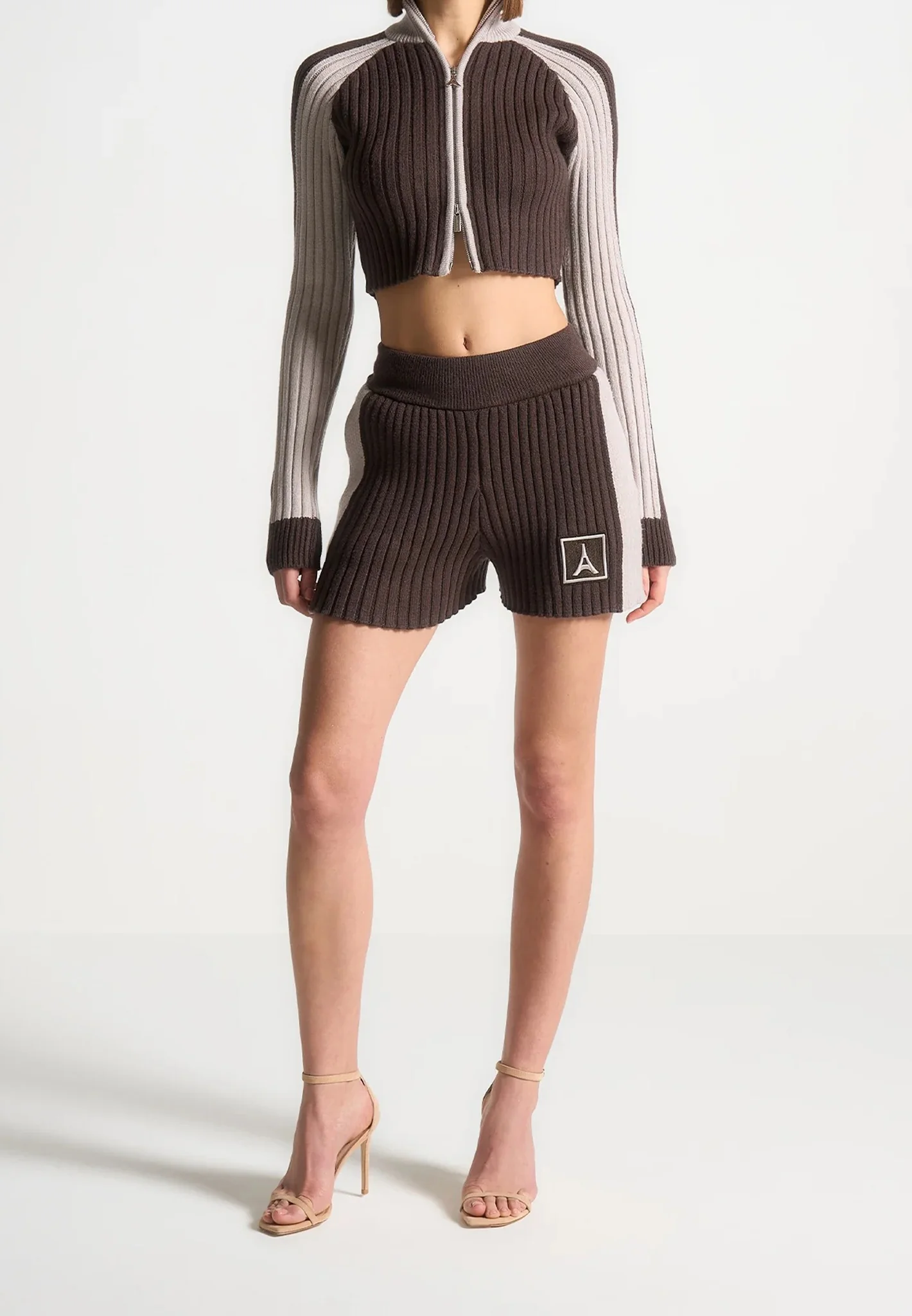 Rib Knit Track Jacket - Brown/Beige