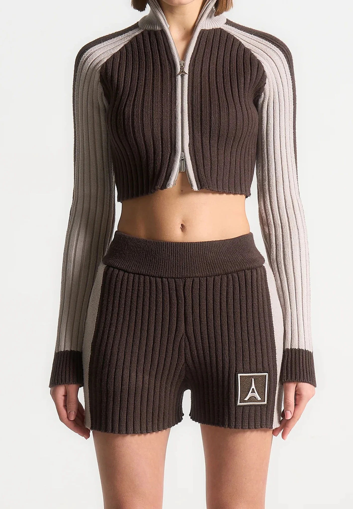 Rib Knit Track Jacket - Brown/Beige - Image 2