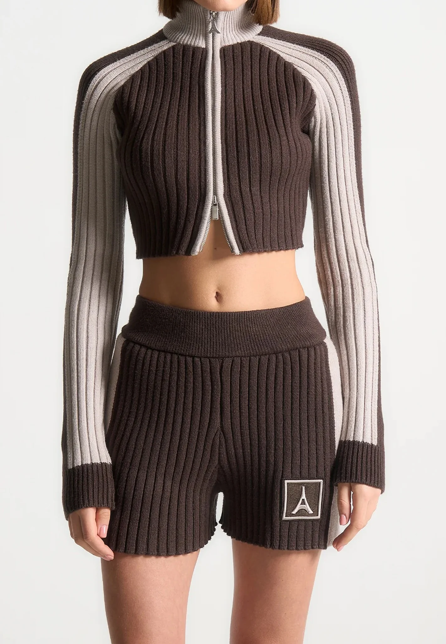 Rib Knit Track Jacket - Brown/Beige - Image 4
