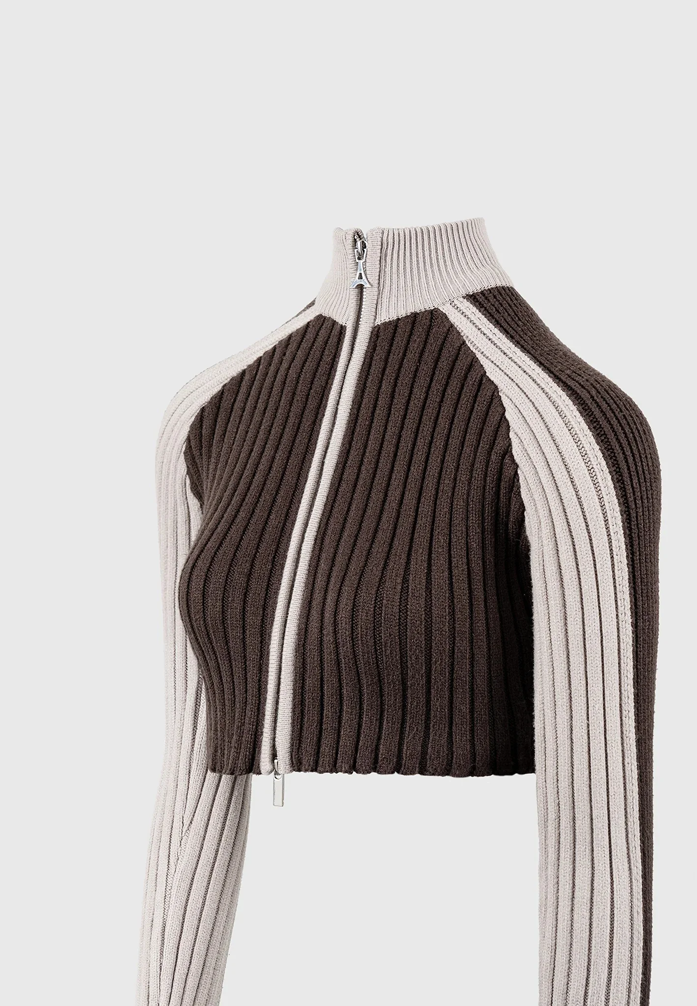 Rib Knit Track Jacket - Brown/Beige - Image 6