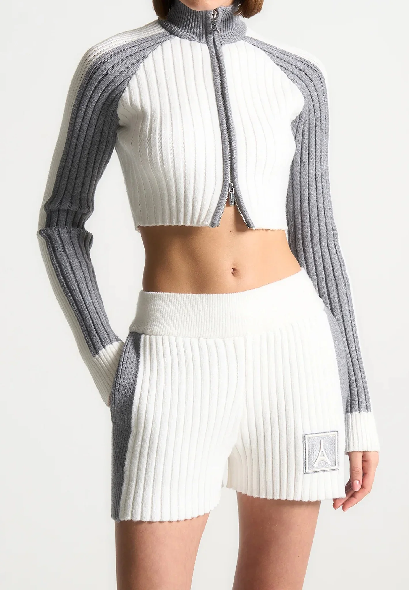 Rib Knit Track Jacket - Off White/Grey - Image 2