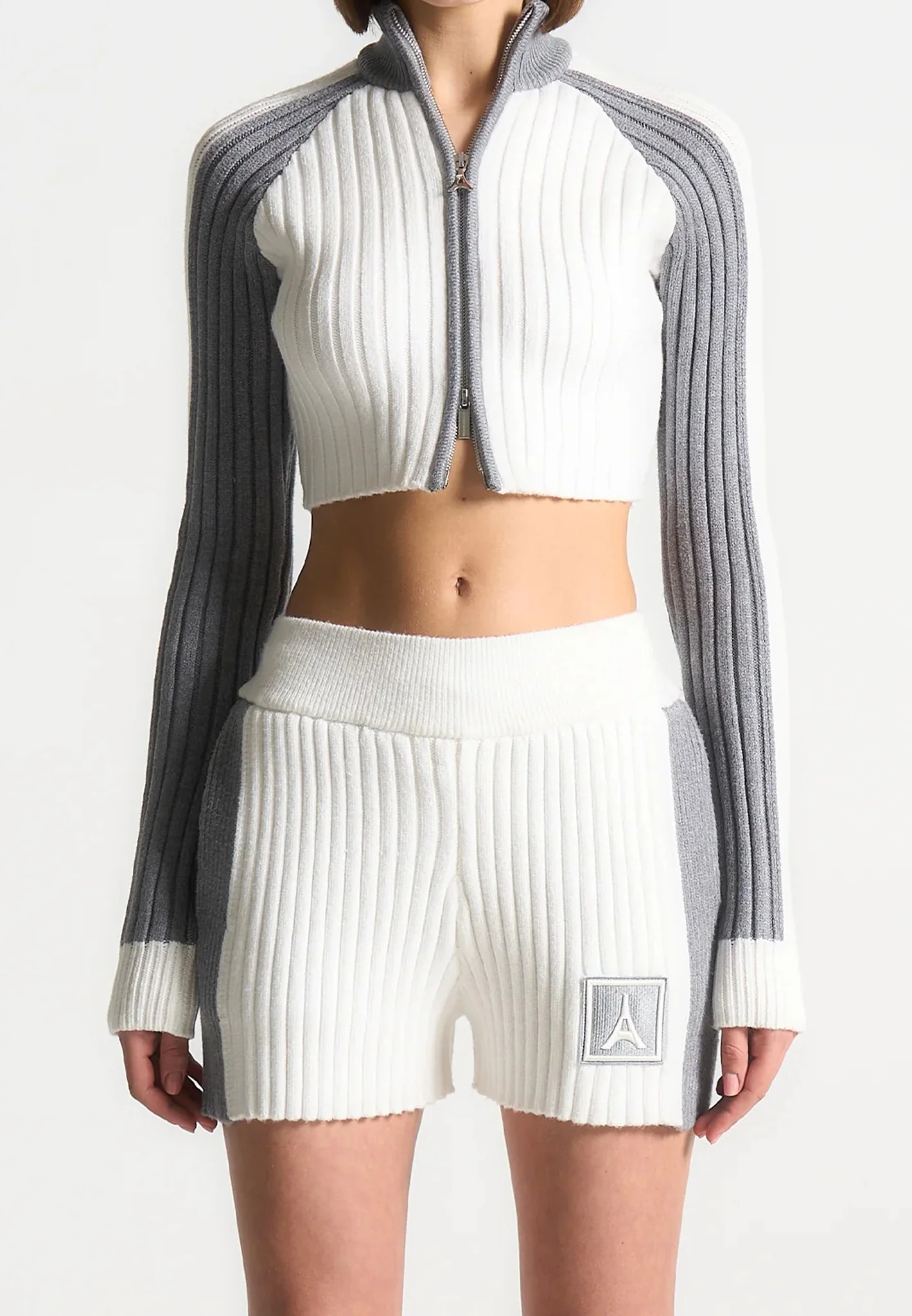 Rib Knit Track Jacket - Off White/Grey - Image 3
