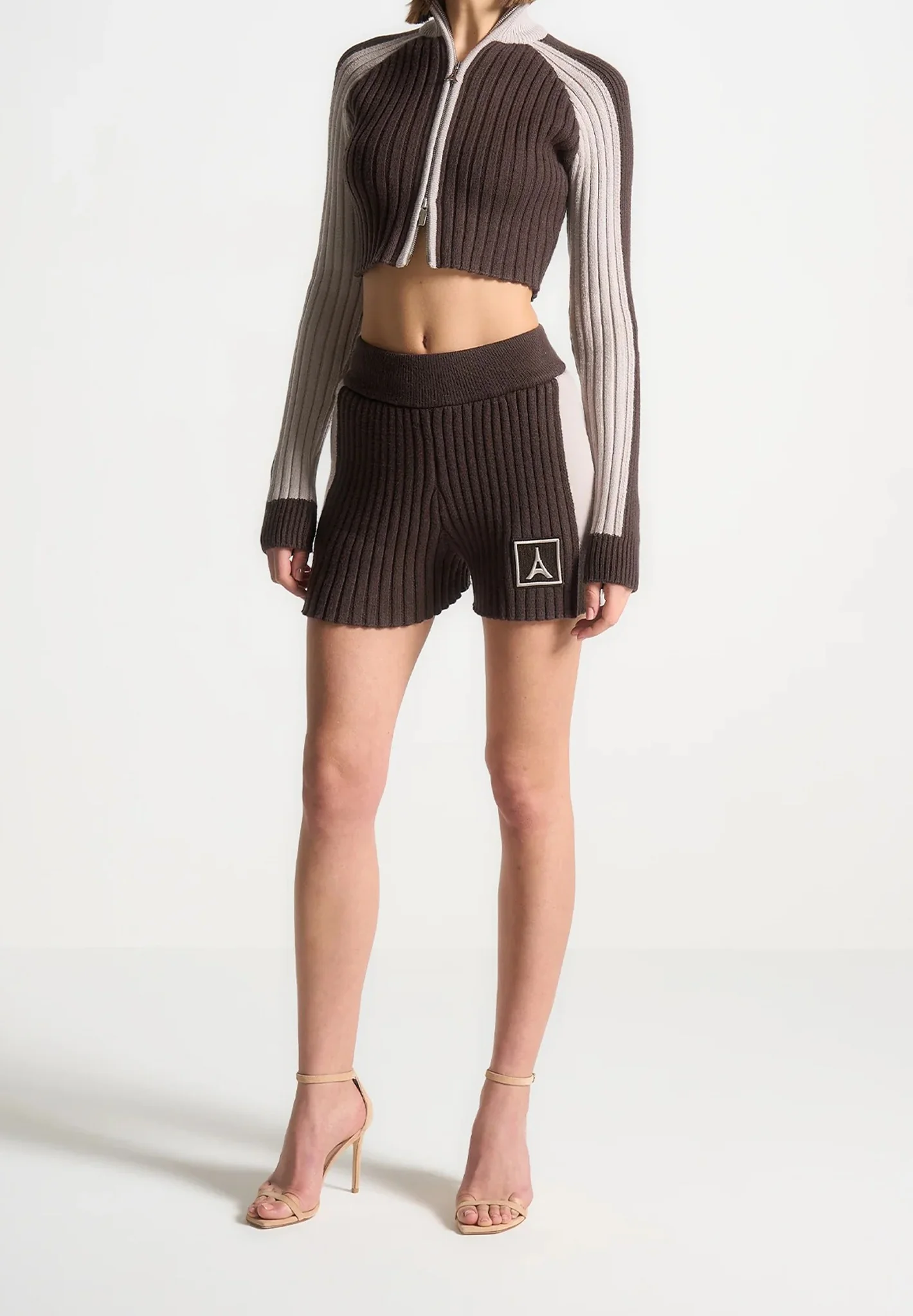 Rib Knit Track Shorts - Brown/Beige - Image 2